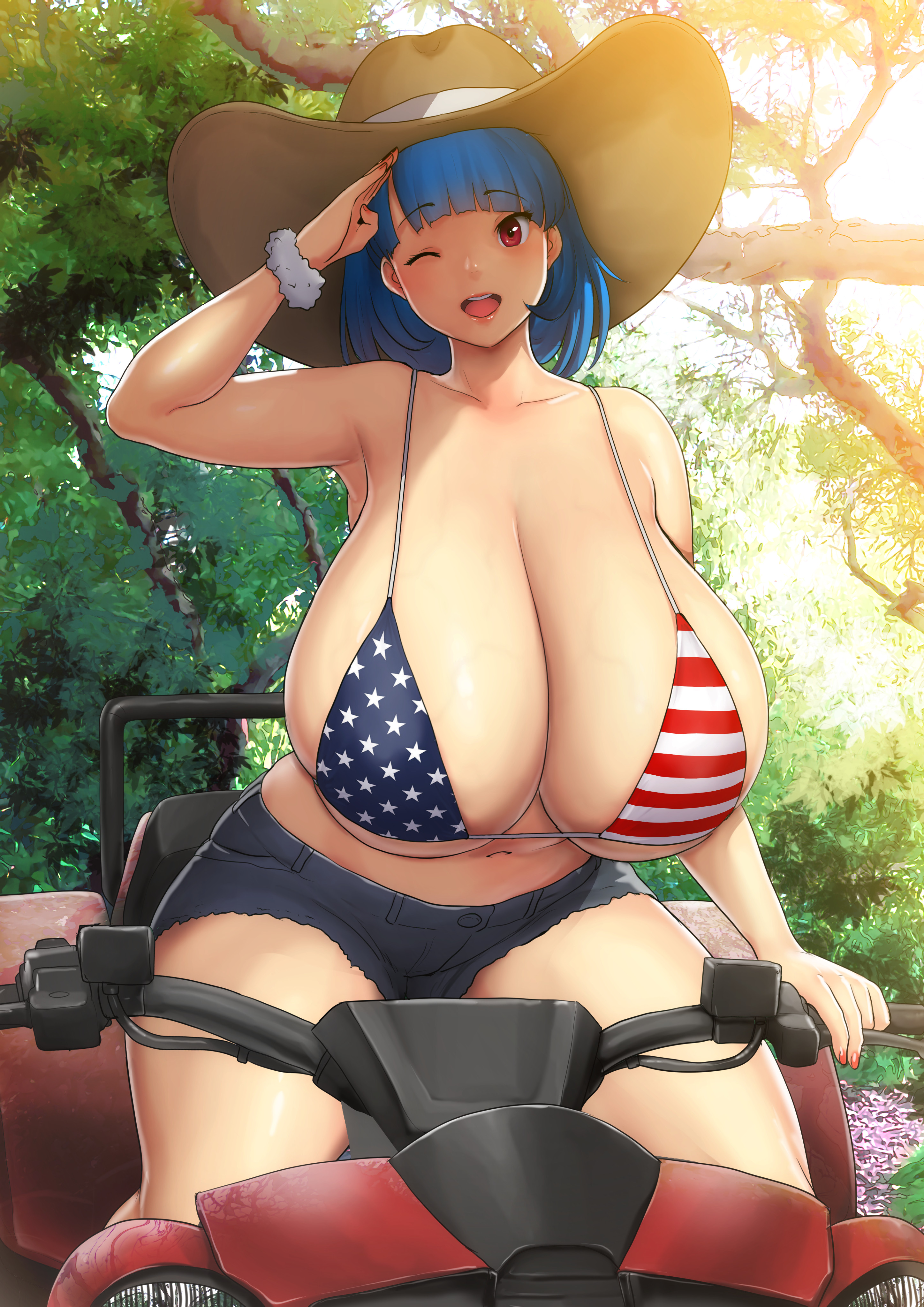 1girls, 2024, 4th of july, american flag bikini, big breasts, big titties, bikini, bikini top, blue hair, breasts, breasts bigger than head, cleavage, enormous breasts, enormous tits, errorkazoo, female, female focus, female only, full cleavage, gigantic breasts, gigantic tits, huge breasts, humongous breasts, large breasts, large tits, light skin, light-skinned female, massive breasts, massive tits, one eye closed, open mouth, open smile, pink eyes, plump breasts, rina atherina (errorkazoo), short hair, shorts, solo, solo female, solo focus, sun hat