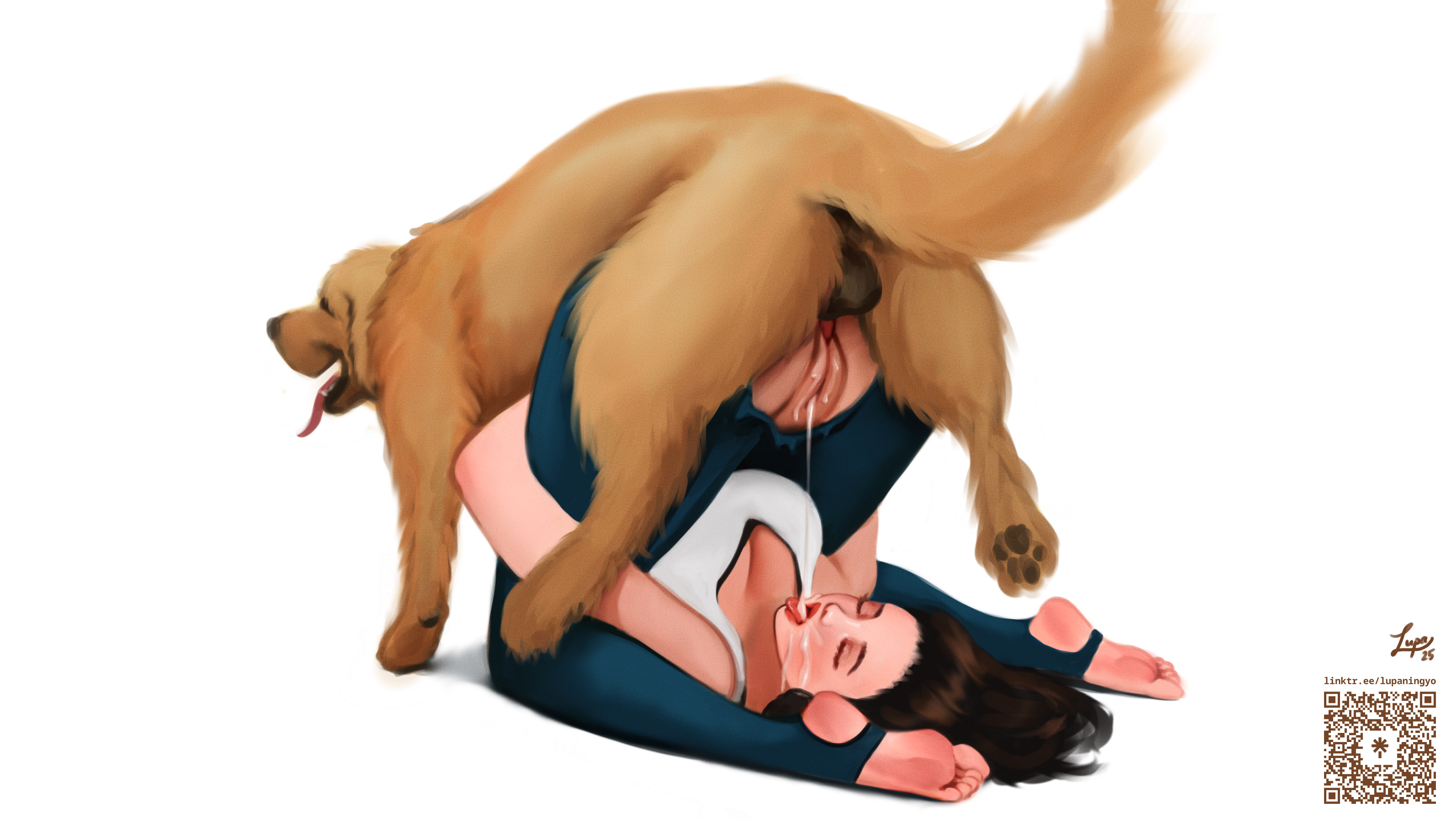 1dog, 1girls, 2d, balls, balls deep, ballsack, brown hair, canid, canine, canine on human, canis, child bearing hips, closed eyes, cum, cum in mouth, cum in pussy, cum inside, cum leak, cum leaking, cum leaking out of pussy, cum on face, dog, domestic dog, feet, female, female human, female on feral, femsub, feral, feral dominating human, feral on female, feral on human, feral penetrating, feral penetrating human, foot straps, golden retriever, human, human female, human on feral, human penetrated, interspecies, interspecies fuck, interspecies impregnation, interspecies relationship, interspecies sex, knot, knotted, knotting, lupaningyo, male, male dog, mammal, open mouth, paws, pussy, qr code, signature, sole female, tail, tank top, torn clothes, torn legwear, upside-down, vaginal knotting, vaginal penetration, white background, white tank top, yoga, yoga pants, zoophilia