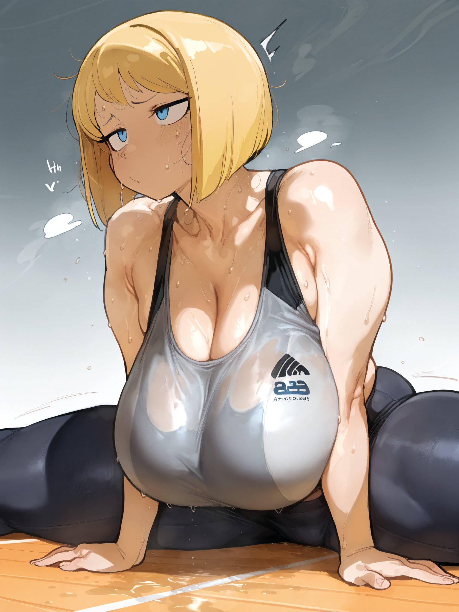 ai generated, bare thighs, blonde hair, blue eyes, breasts, female, gigantic breasts, huge breasts, huge thighs, light skin, light-skinned female, massive breasts, mature female, oatmealdood, oiled body, oiled skin, original, short hair, solo female, squatting, stretching, sweat, sweatdrop, tank top, thick body, thick female, thick thighs, thighhighs, thighs, voluptuous, voluptuous female, yoga pants