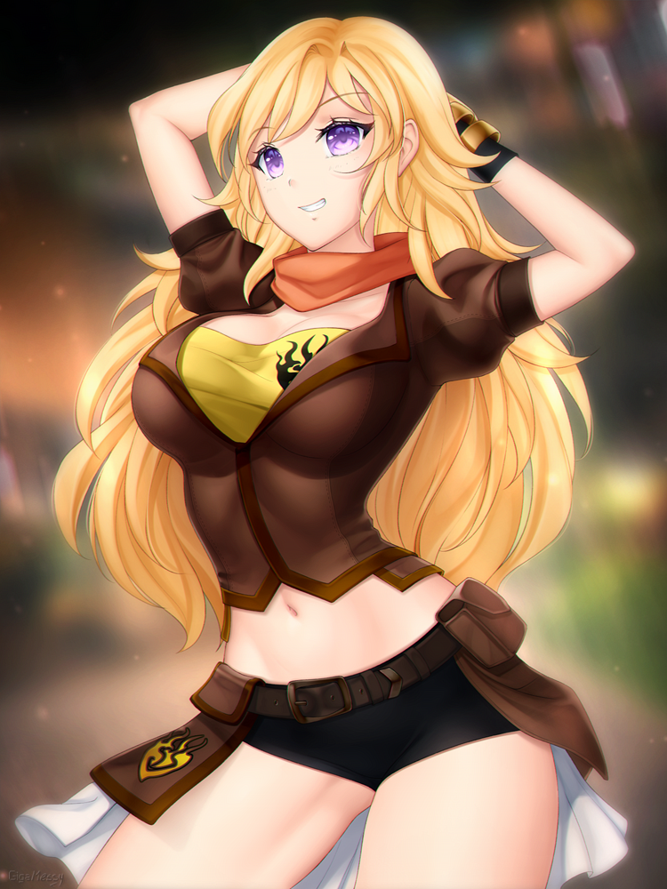 1girls 2d arms_up belly belly_button big_breasts blonde_hair breasts female female_focus female_only gigamessy hands_behind_head highres long_hair looking_at_viewer posing purple_eyes rwby smile smiling_at_viewer solo solo_female tagme thick_thighs thighs yang_xiao_long