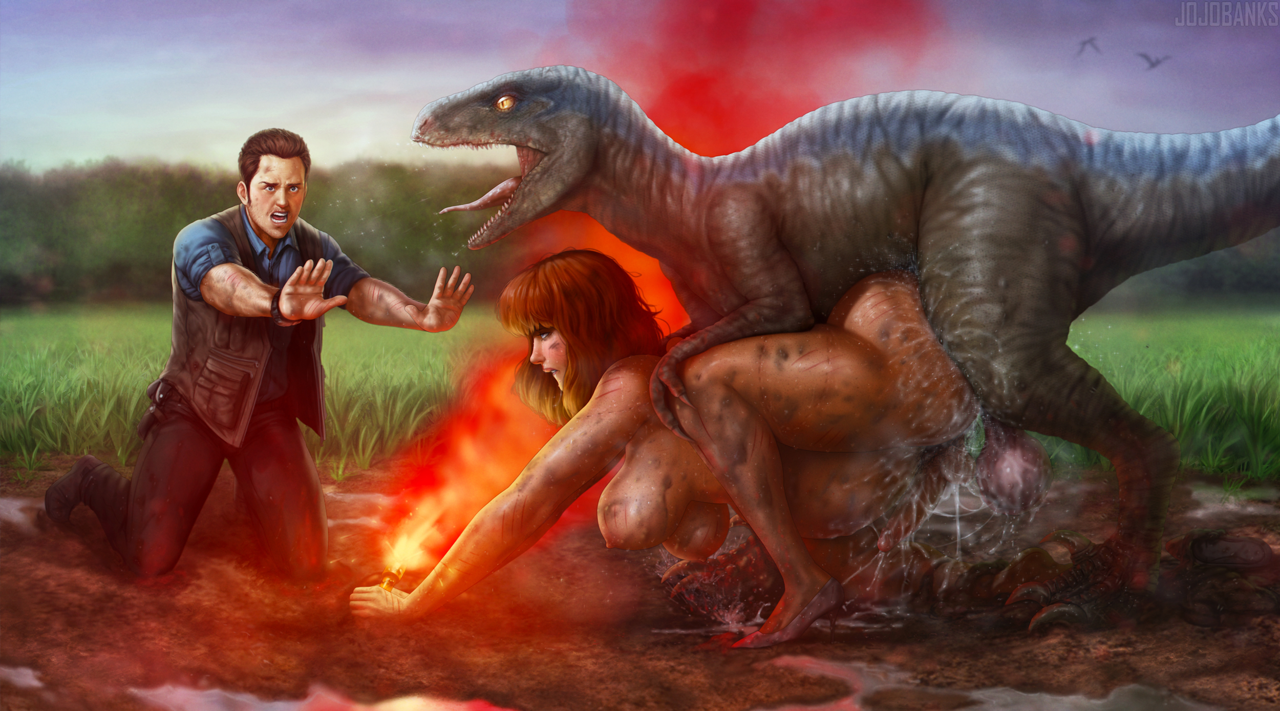 1boy, 1futa, ass, balls, bangs, big ass, big balls, big breasts, bite marks, biting lip, blue (jurassic world), blush, breasts, bryce dallas howard, claire dearing, cum, cum inside, cum leaking, cum on ass, cum on body, cum on penis, cum string, dickgirl, dinophilia, dinosaur, dirt, dirty, doggy style, feral, feral on futa, flare (disambiguation), flies, flies for smell, forced, freckles, freckles on ass, freckles on breasts, freckles on face, freckles on shoulders, futanari, high heels, intersex, jojobanks, jurassic park (franchise), jurassic world, light skin, light-skinned male, lipstick, long penis, male, messy hair, mud, muddy, owen grady, penis, precum, pubic hair, public, public nudity, public sex, red hair, scars, scat, sharp claws, sharp teeth, side view, submissive futa, sweat, sweatdrop, sweating, sweaty, thick, thick ass, thick legs, thick thighs, tongue, tongue out, velociraptor, voluptuous, voluptuous futa, zoophilia
