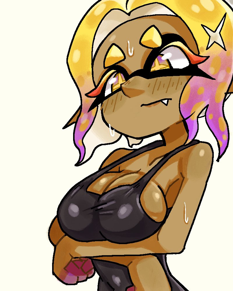 breasts, dark skin, dark-skinned female, embarrassed, female, frye (splatoon raiders), frye (splatoon), frye onaga, hinaz1, inkling, large breasts, nintendo, splatoon, splatoon (series), splatoon 3, splatoon raiders, sweat, swimsuit, swimwear, tagme, tentacle hair