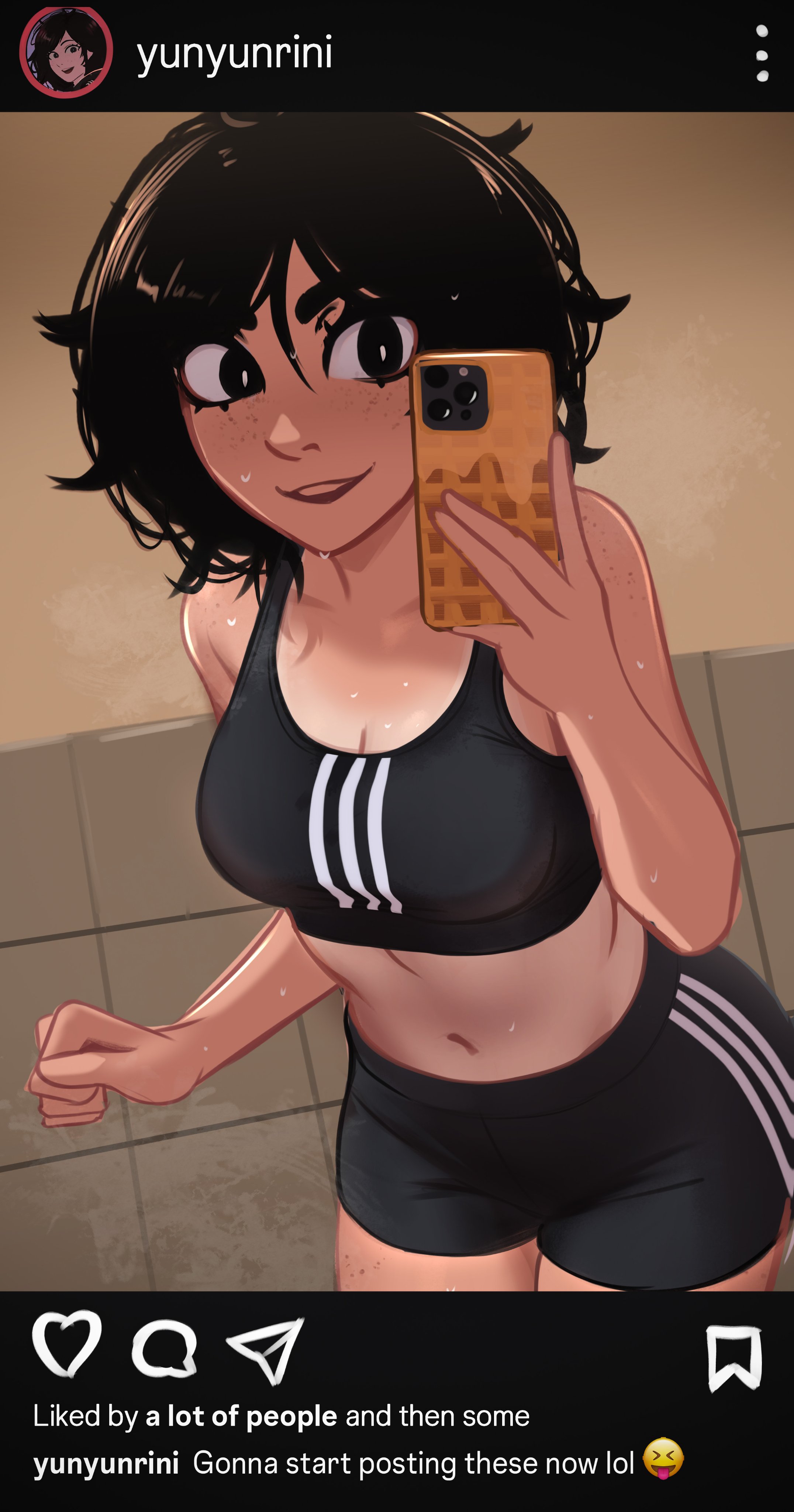 absurdres, adidas, bike shorts, black eyes, black hair, black shorts, body freckles, breasts, cellphone, commentary, english commentary, english text, fake phone screenshot, fake screenshot, female, freckles, highres, holding, holding phone, instagram, messy hair, mirror selfie, navel, open mouth, original, phone, selfie, shorts, smartphone, smile, solo, sports bra, sweat, taking picture, tan, tank top, tanlines, veyonis, yuna (veyonis)