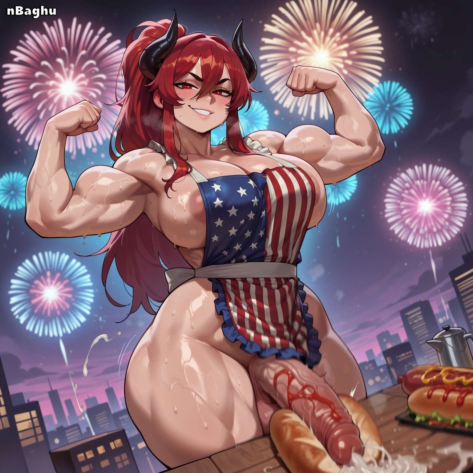 1futa, 4th of july, ai generated, american flag, american flag print, apron, areola slip, armpits, balls, biceps, breasts, cum, cum on food, cumshot, curvy, demon, demon girl, demon horns, dulce (nbaghu), female, flexing, food play, futanari, horns, huge cock, intersex, ketchup, large breasts, large penis, long hair, muscular, muscular female, naked apron, nbaghu, original, original character, penis, penis in hot dog bun, projectile cum, red eyes, red hair, sausage, shiny skin, solo, solo futa, sweat, sweaty, testicles, textless version, thick penis, thick thighs, thighs, veiny penis, wide hips