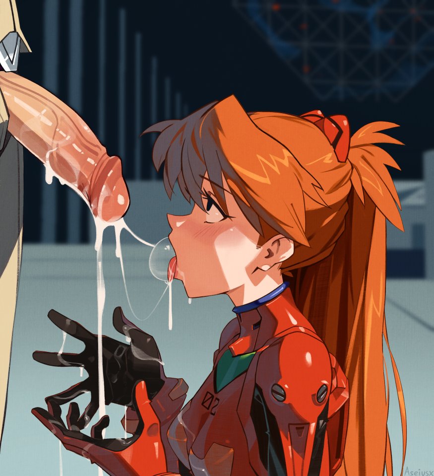 1boy, 1girls, adult and teenager, after blowjob, after fellatio, after oral, age difference, aseiusx, asuka langley sohryu, blush, clothed female, cum, cum bubble, cum drip, cum drool, cum from mouth, cum from penis, cum gushing, cum on clothes, cum on gloves, cum on penis, cum string, drool, drooling, female, kneeling, large penis, light skin, light-skinned female, light-skinned male, long hair, looking at penis, male, neon genesis evangelion, older male, older male and younger female, open mouth, orange hair, penis, plugsuit, saliva, saliva on penis, saliva string, souryuu asuka langley, staring at penis, teenage female, teenage girl, teenager, tongue, tongue out, veiny penis, young, younger female