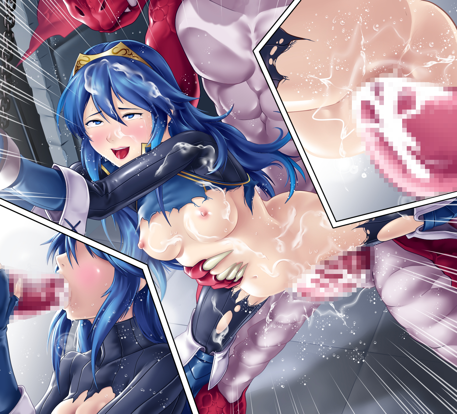 1monster, ahe gao, blue eyes, blue hair, breasts, censored, claws, clothing, cum, cum in mouth, cum in pussy, cum inside, deep rising, enslaved royal, fellatio, female, fire emblem, fire emblem awakening, gloves, grabbing from behind, happy sex, inflation, interspecies, larger male, long hair, lucina (fire emblem), male, monster, muscles, one leg up, open mouth, penetration, penis, pregnant, princess, pussy, radial speed lines, rape, restrained, royalty, sex, sex slave, size difference, slave, stomach bulge, tears, thor (deep rising), torn clothes, torso grab, vaginal penetration