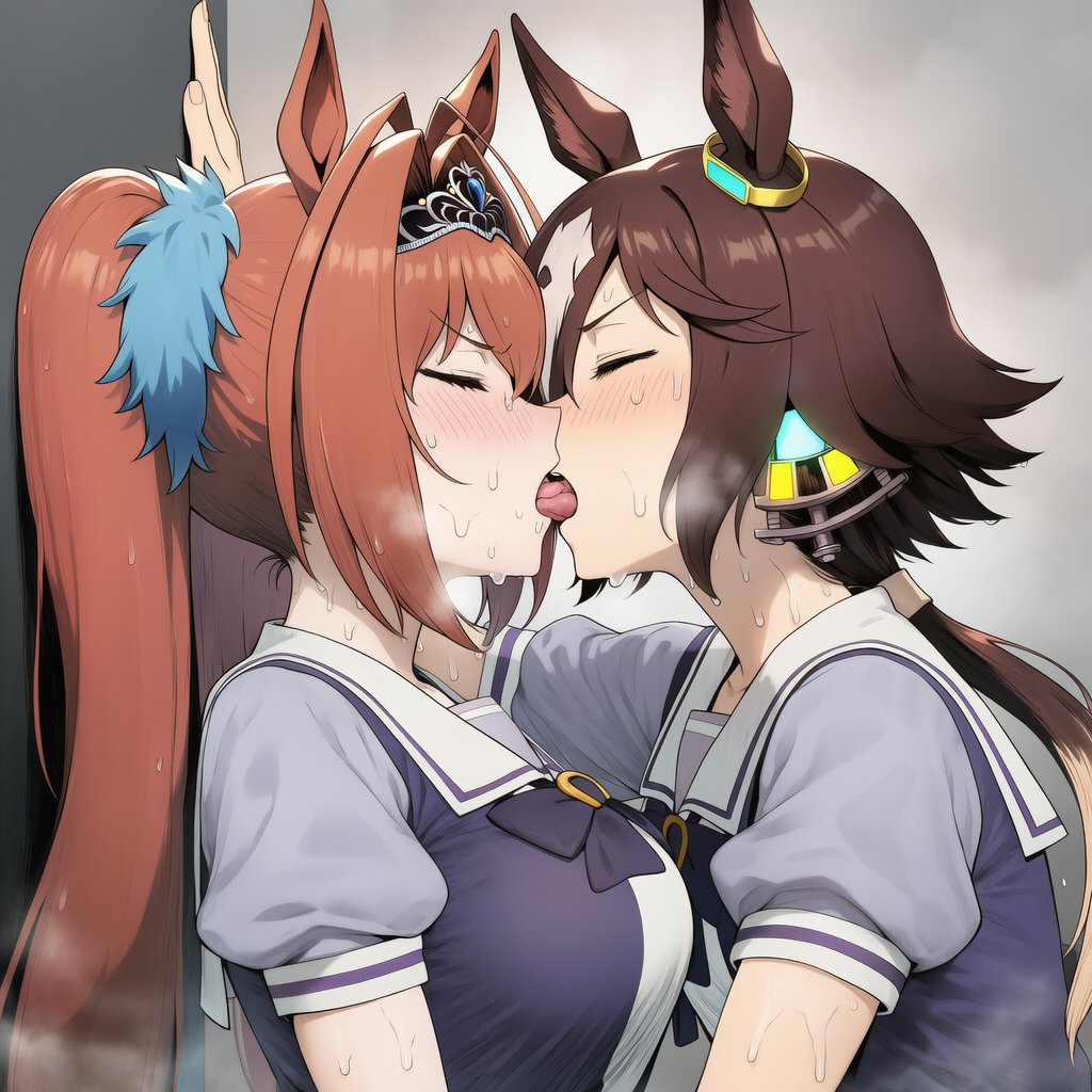 2girls, ai generated, big breasts, blush, breasts, closed eyes, daiwa scarlet (umamusume), female, kissing, light skin, light-skinned female, muto night, open mouth, steam, steamy breath, sweat, tomboy, tongue, tongue out, twintails, umamusume, umamusume pretty derby, vodka (umamusume), yuri