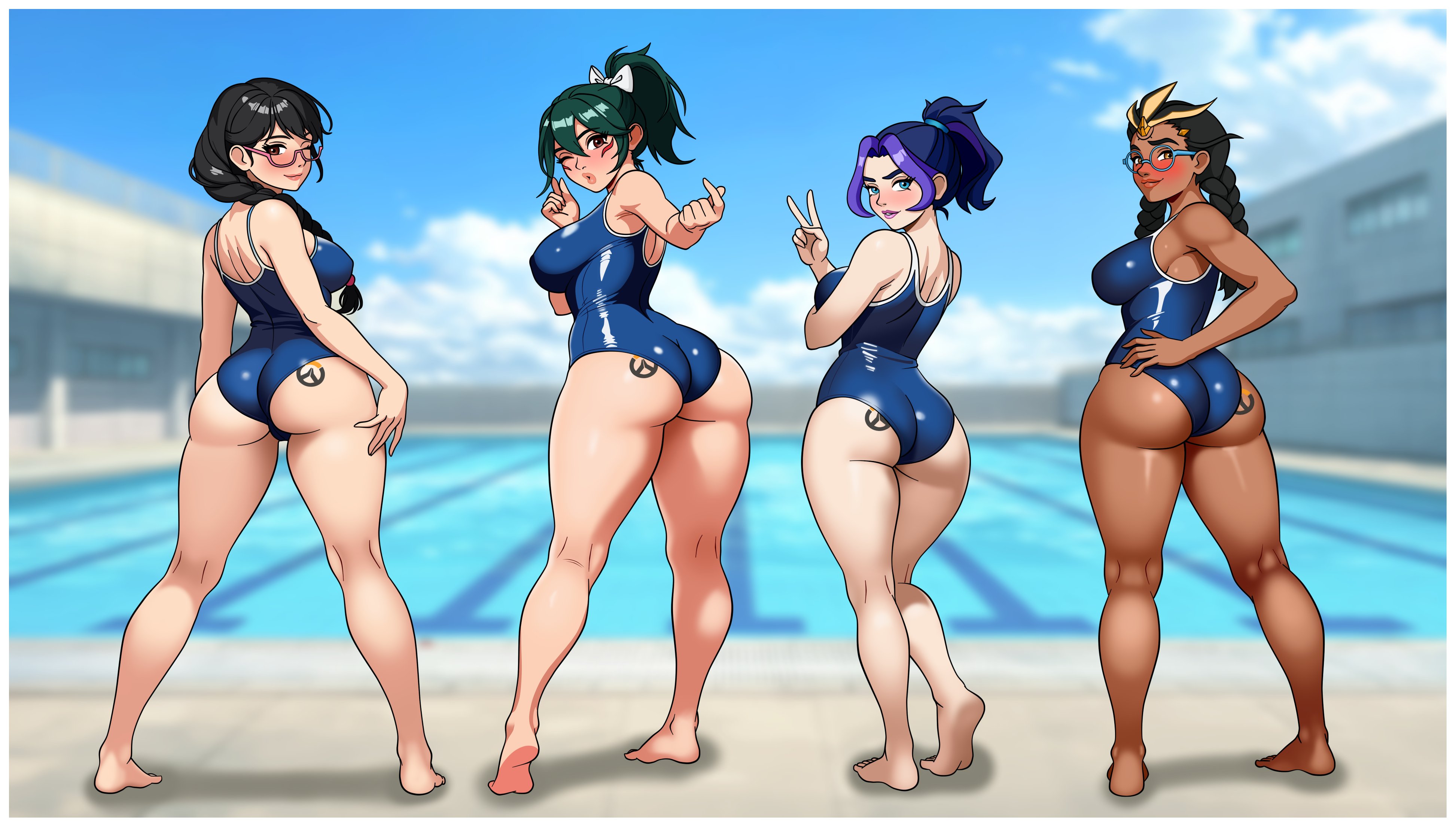 2025, 2d, 2d (artwork), 4girls, academy d.va, asian female, barefoot, bathsuit, beckoning, blush, blushing at viewer, d.va, dark skin, dark-skinned female, day, female, female only, group, hana song, heroines, human, human only, illari (overwatch), illari quispe ruiz, international, japanese female, juno (overwatch), juno teo minh, kiriko (overwatch), kiriko kamori, korean female, latina female, light skin, light-skinned female, looking at viewer, looking back at viewer, no sex, outdoors, overwatch, overwatch (logo), overwatch 2, pale skin, peruvian female, pool, smile, smiling at viewer, standing, swimming pool, swimsuit, tattoo, tattoo on butt, v, wink, winking at viewer