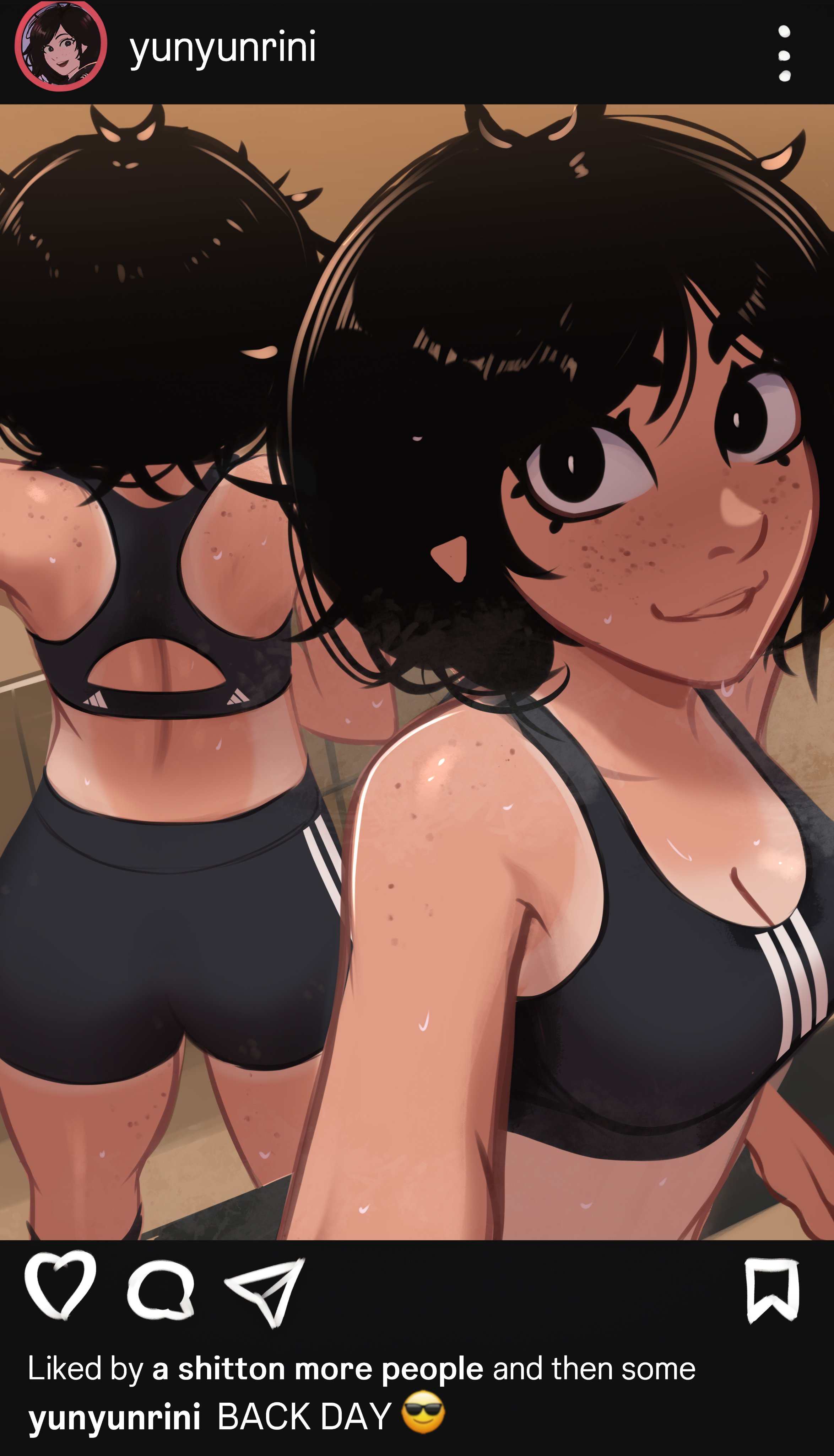absurdres, adidas, ass, back, bike shorts, black eyes, black hair, black shorts, body freckles, breasts, commentary, english commentary, english text, fake phone screenshot, fake screenshot, female, freckles, from behind, highres, instagram, looking at viewer, messy hair, mirror, mirror selfie, navel, open mouth, original, reaching, reaching towards viewer, reflection, reflection focus, selfie, shorts, smile, solo, sports bra, sweat, taking picture, tan, tank top, tanlines, veyonis, yuna (veyonis)
