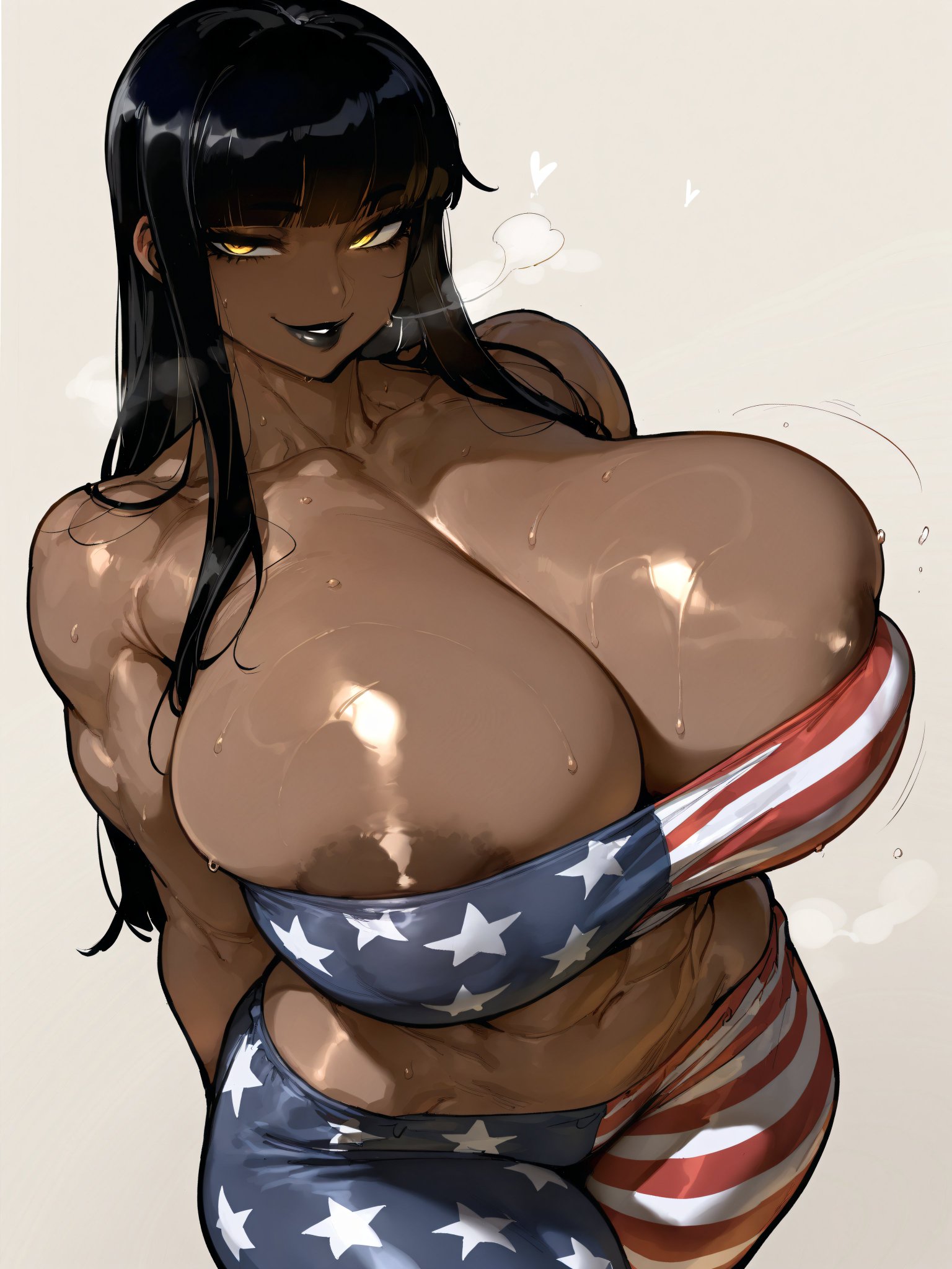 4th of july, ai generated, american flag, american flag bikini, areolae visible through bikini, bandeau, bare thighs, black hair, breasts, dark skin, dark-skinned female, female, gigantic breasts, huge areolae, huge breasts, huge thighs, jean shorts, long hair, looking at viewer, massive breasts, mature female, oatmealdood, oiled body, oiled skin, original, smiling, solo female, squatting, sweat, sweatdrop, thick body, thick female, thick thighs, thighs, topless, voluptuous, voluptuous female, yellow eyes