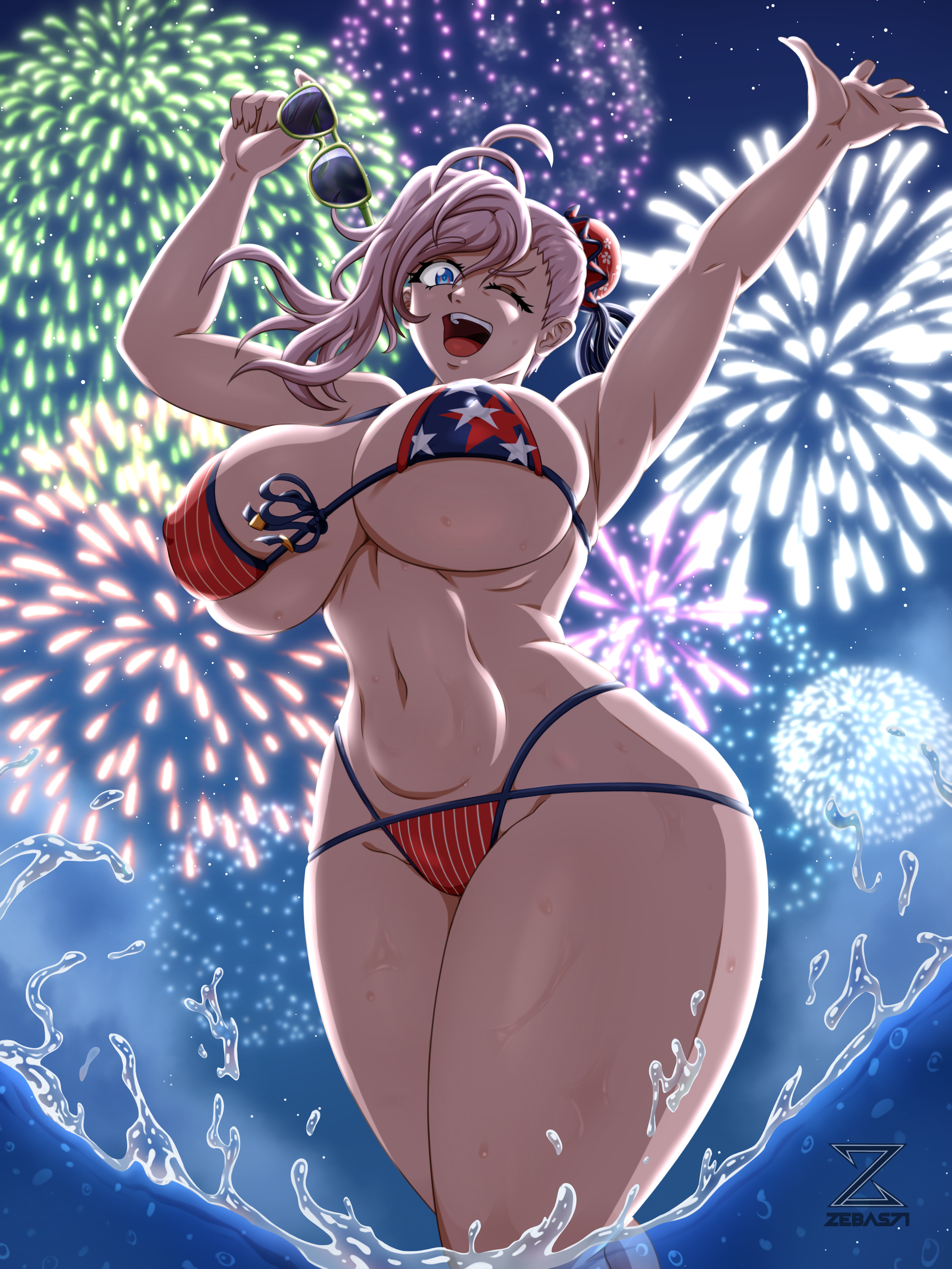 1girls, alternate breast size, american flag bikini, bikini, bikini bottom, bikini top, blue eyes, breasts, breasts bigger than head, fate (series), fate/grand order, female, female only, fireworks, hair bun, holding sunglasses, huge breasts, light skin, light-skinned female, midriff, miyamoto musashi (fate), miyamoto musashi (swimsuit berserker), miyamoto musashi (swimsuit berserker) (fate), miyamoto musashi (swimsuit berserker) (second ascension) (fate), navel, nipple bulge, side ponytail, solo, solo female, sunglasses, thick thighs, underboob, voluptuous, voluptuous female, wet body, white hair, wide hips, winking, winking at viewer, zebas71
