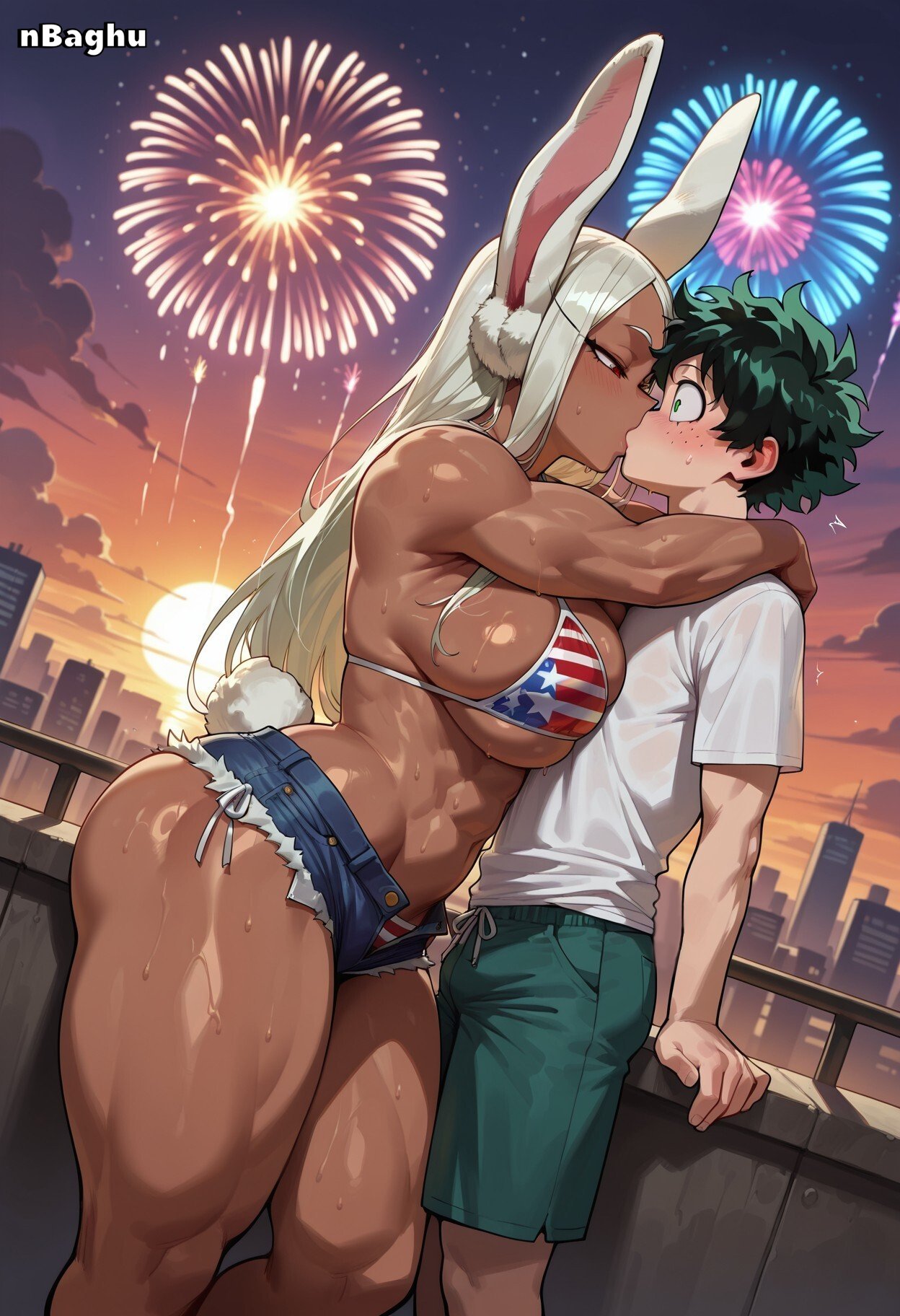 1boy 1boy1girl 1girls 4th_of_july abs ai_generated american_flag_bikini ass assertive_female big_ass bigger_female bikini couple dark-skinned_female dark_skin denim_shorts fireworks highres huge_breasts interracial kissing kissing large_breasts muscular muscular_female nbaghu nervous rabbit_ears rabbit_girl rabbit_tail shiny_skin short_shorts shorts size_difference surprised sweat taller_girl thick_thighs white_shirt