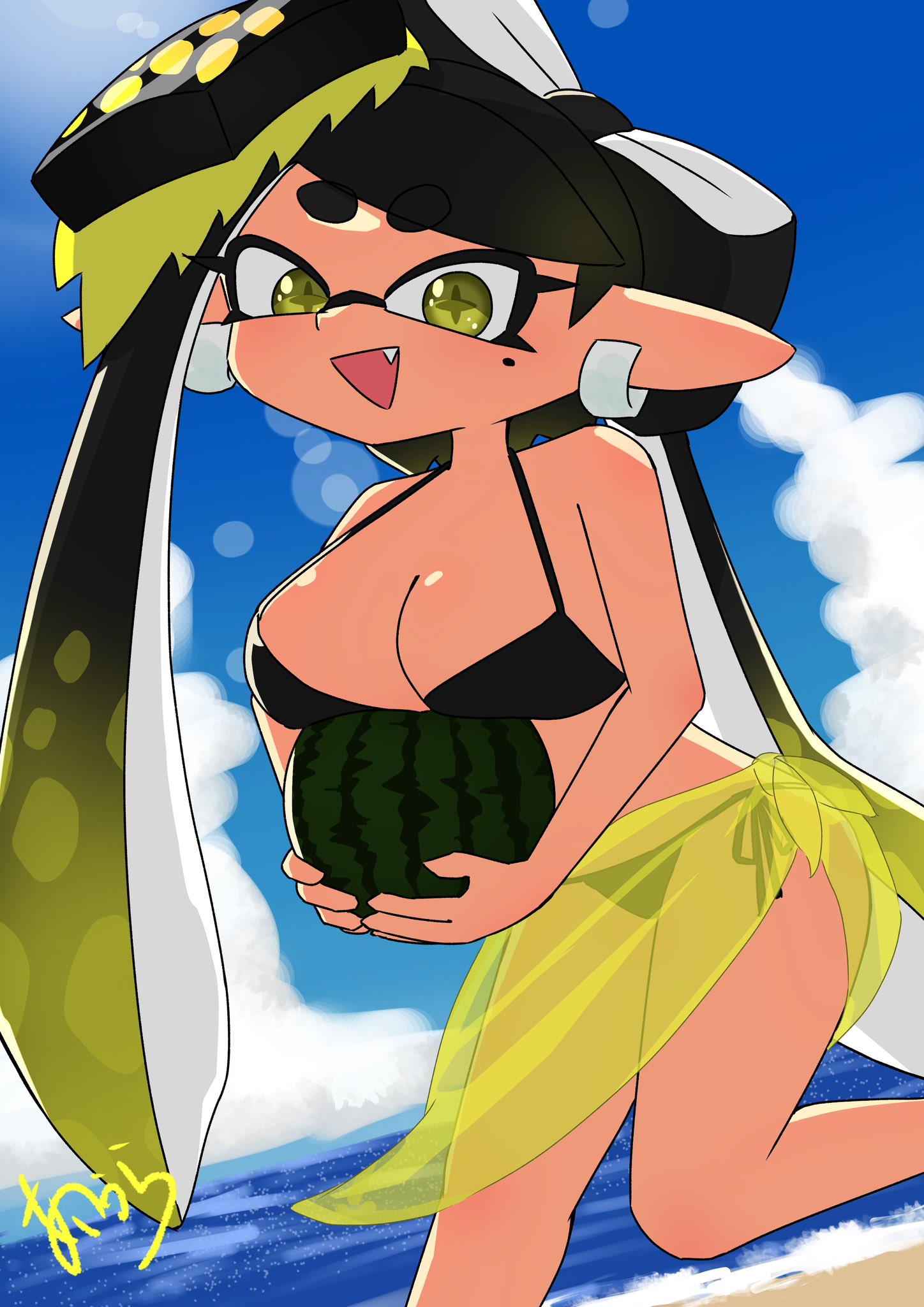 1girls, aiura chan, beach, big breasts, bikini, black bikini, breasts, callie (alterna), callie (splatoon), cleavage, clothing, earrings, female, female focus, large breasts, light skin, light-skinned female, long hair, looking at viewer, mole, mole under eye, nintendo, open mouth, pointy ears, sand, side-tie bikini, solo, solo female, solo focus, splatoon, splatoon (series), splatoon 3, splatoon 3: return of the mammalians, tentacle hair, twitter link, two-tone hair, water, yellow eyes