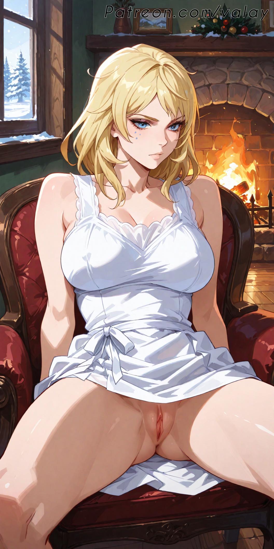 ai_generated cabin deadlock_(valorant) fireplace pussy snow valay valorant white_dress