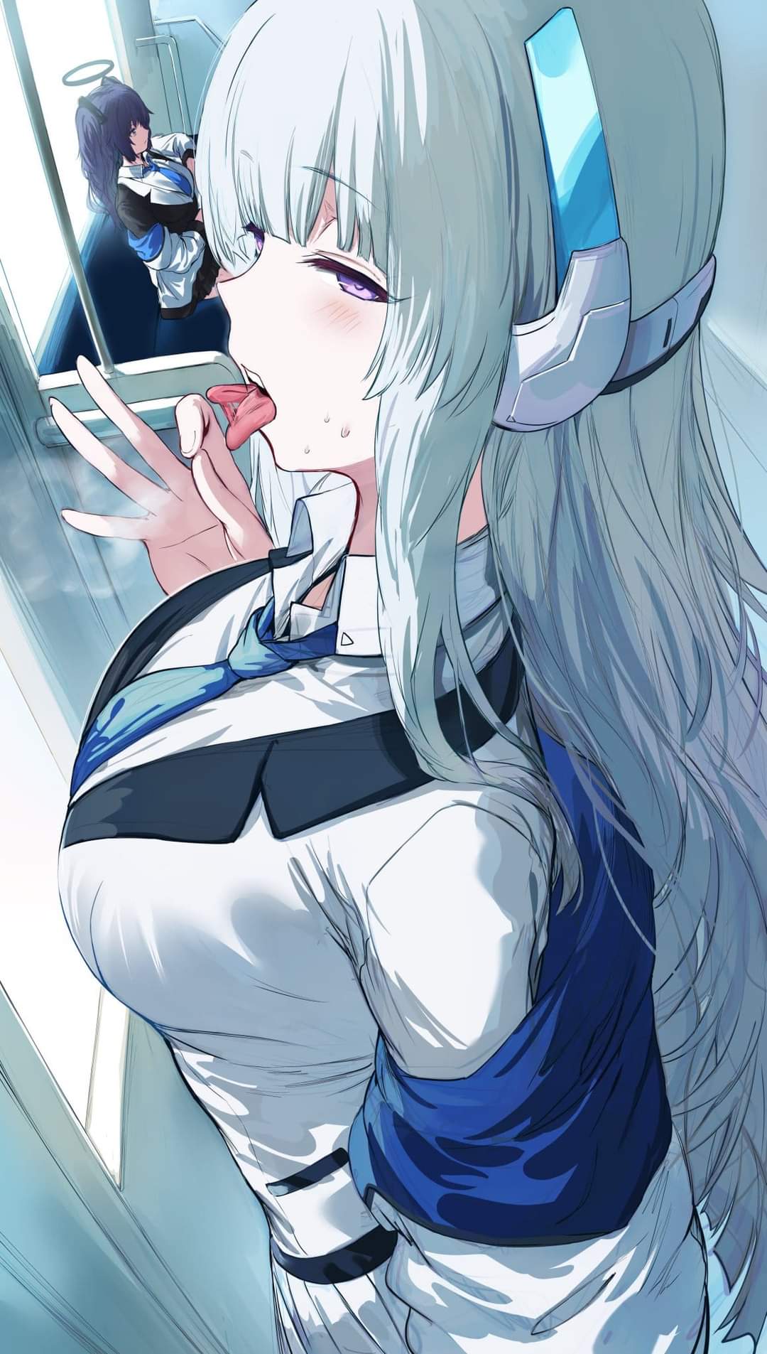 2girls, artist request, big breasts, blowjob, blowjob face, blowjob only, blue archive, breasts, female, female only, halo, hand gesture, headgear, millennium science school student, noa (blue archive), subway, subway boss, tie, tongue out, twintails, uniform, yuuka (blue archive)