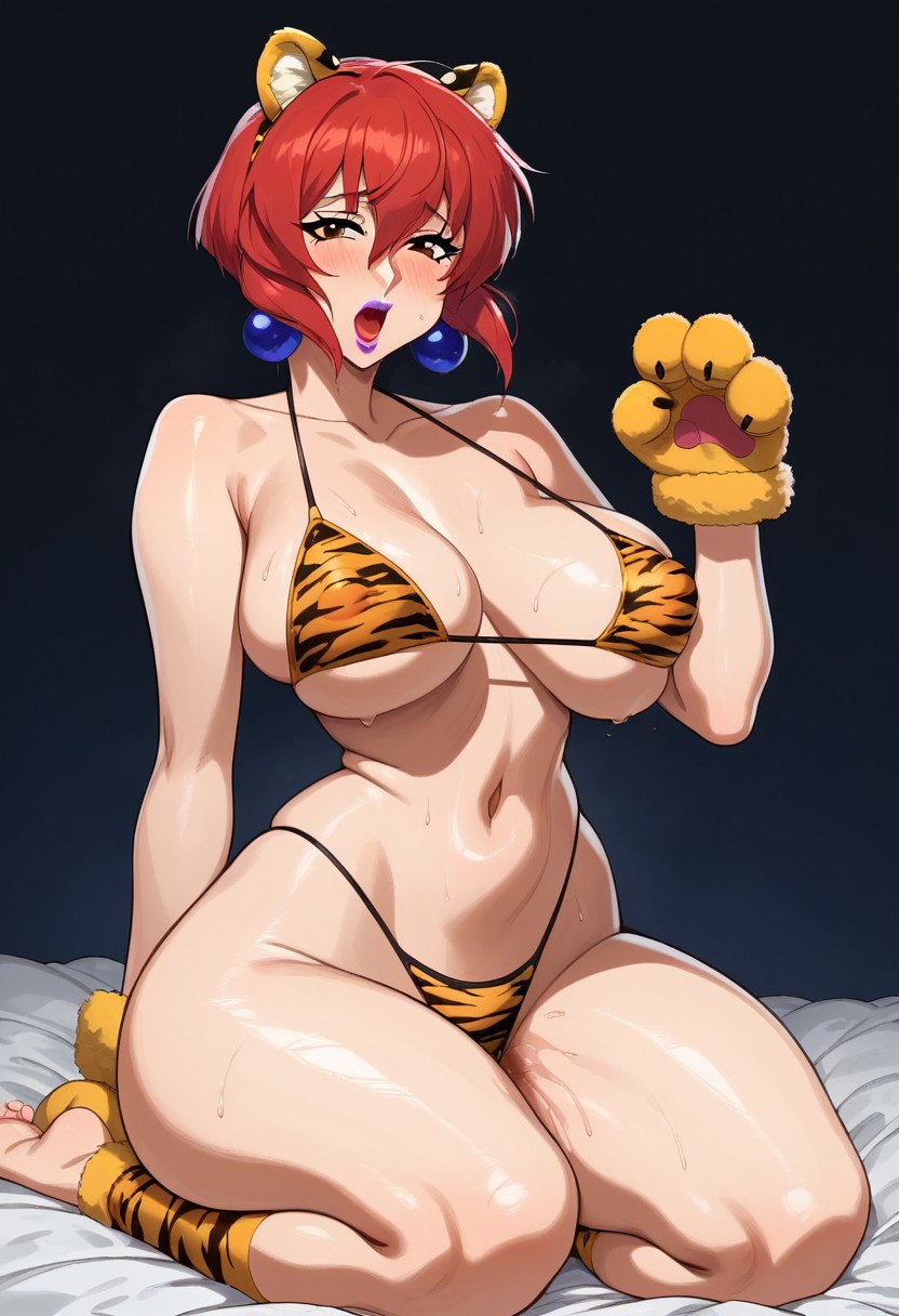 bob_cut cleavage costum curvy earrings embarrassed fake_animal_ears highleg_bikini indoors large_breasts looking_at_viewer moaning navel on_bed open_mouth paw_gloves presenting purple_lipstick pussy_juice red_hair saber_marionette_j sitting thong thong_bikini tiger_(saber_j) tiger_ears tiger_print wide_hips