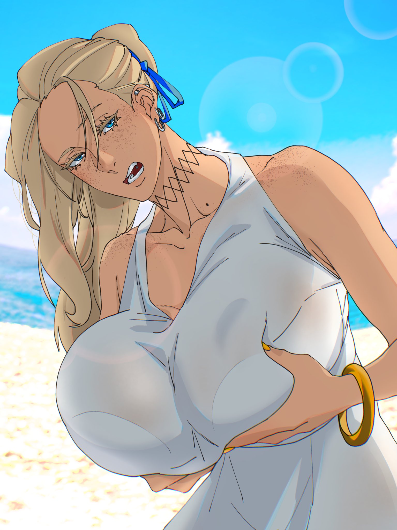 1girls, bending down, big breasts, blonde female, blonde hair, blonde-haired female, blue eyes, blue-eyed female, breasts, dress, female, female focus, female only, freckles, freckles on face, freckles on shoulders, large boobs, large breasts, light skin, light-skinned female, looking at viewer, mattsunart, natalie (mattsunart), original, original character, solo, solo female, solo focus, tongue piercing, white dress