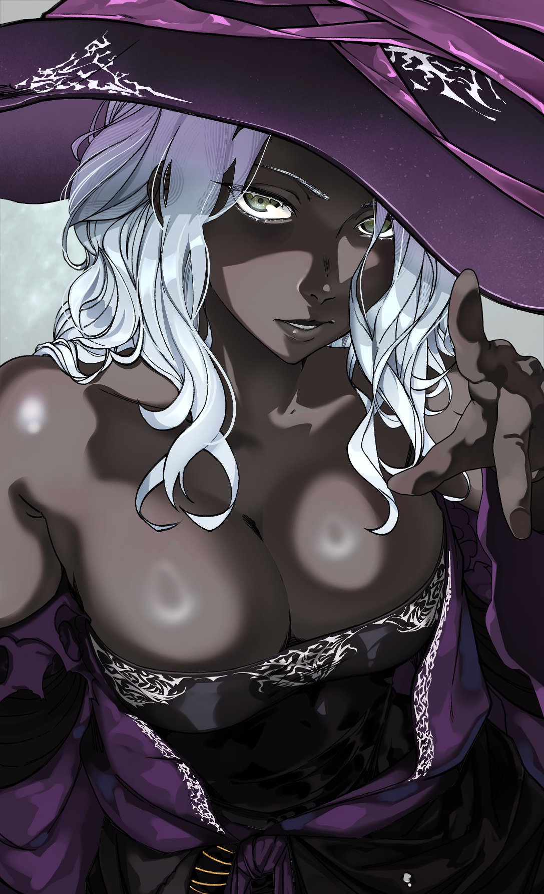 1girls, big breasts, breast focus, breasts, cleavage, clothed female, dakaeya, dark skin, dark-skinned female, elden ring, elden ring nightreign, female, female focus, fromsoftware, low neckline, milf, recluse (nightreign), white hair, white-haired female, witch, witch hat