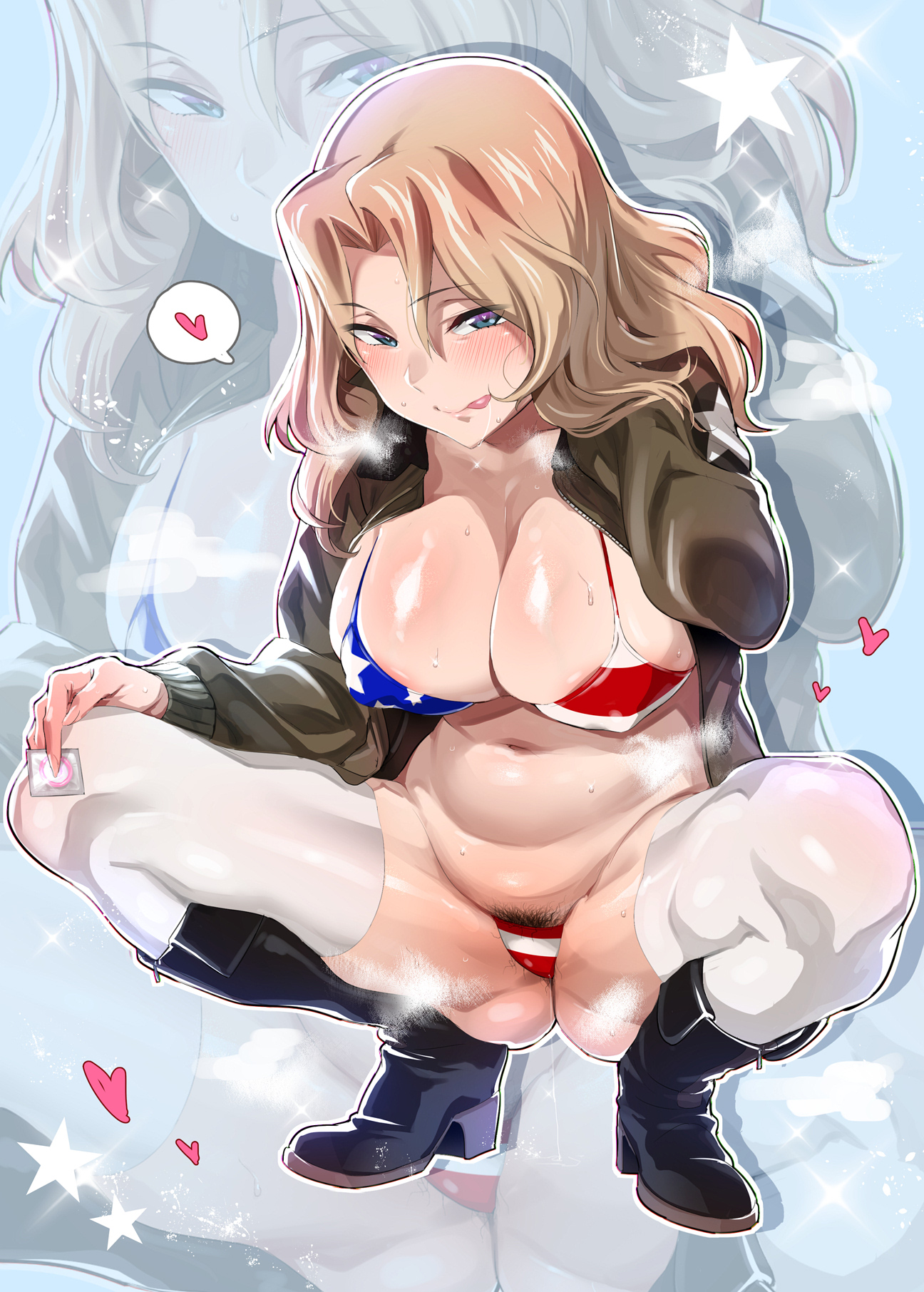 1girls, big breasts, bra, breasts, cleavage, condom, condom packet, female, female only, girls und panzer, iku (ikuchan kaoru), kay (girls und panzer), large breasts, looking at viewer, panties, pubic hair, solo, spread legs