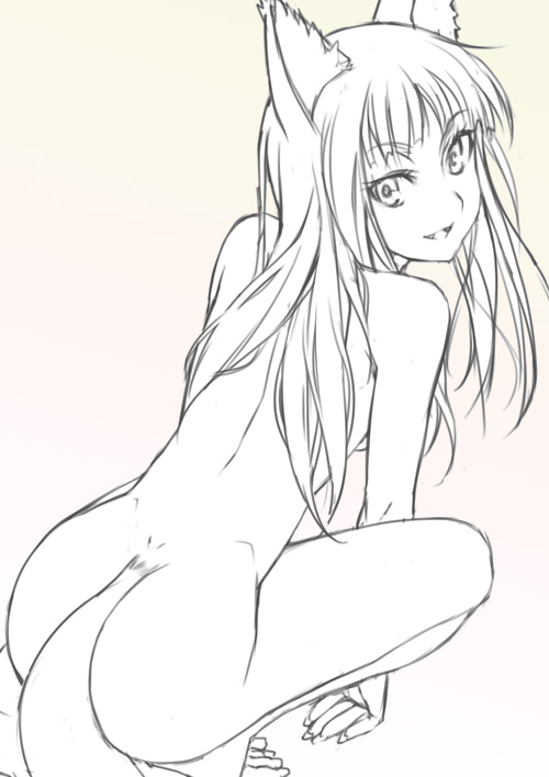 1girls animal_ear cute_fang holo looking_back mizuki_makoto monochrome nude smile spice_and_wolf tail wolf_ear work_in_progress