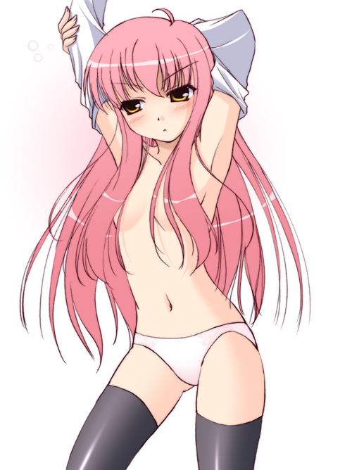 armpits arms_up blush clothing convenient_censoring flat_chest hair_over_breasts louise louise_francoise_le_blanc_de_la_valliere narutaki_shin no_shirt panties pink_hair small_breasts stockings thighhighs topless underwear undressing zero_no_tsukaima