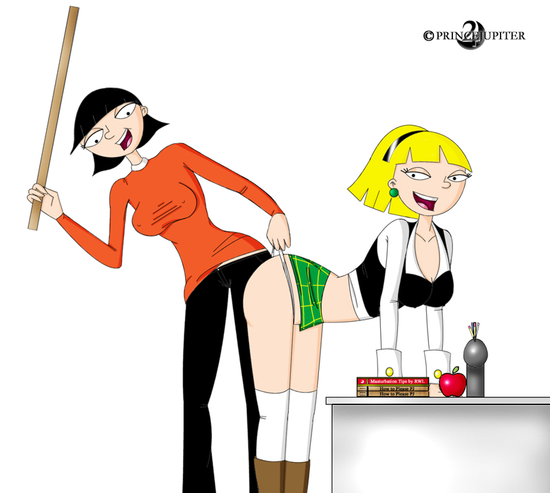 2girls black_hair blonde_hair bob_cut cleavage hey_arnold! multiple_girls nickelodeon olga_pataki panties pants prince_jupiter rhonda_wellington_lloyd ruler skirt spanking white_background yuri