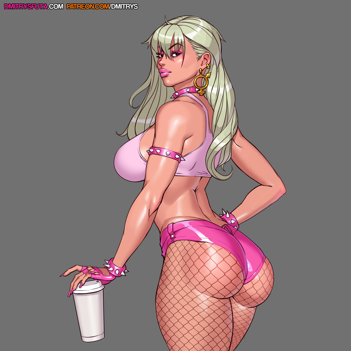 1girls, ass, back view, big ass, big breasts, bimbo, blonde hair, bracelet, breasts, choker, curvy, dmitrys, earrings, eyebrows visible through hair, eyeshadow, female, female only, fingerless gloves, fishnet legwear, fishnet pantyhose, fishnets, hand on hip, hoop earrings, hotpants, huge ass, lipstick, long hair, looking back, makeup, nail polish, pink clothing, short shorts, side view, sideboob, simple background, solo, spiked armlet, spiked bracelet, spiked collar, standing, tank top, thick thighs