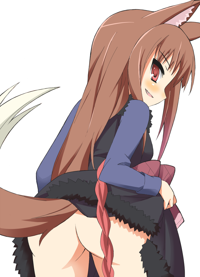 1girls 9law animal_ears animal_tail ass blush brown_eyes clothing cute_fang dress dress_lift holo no_panties red_eyes spice_and_wolf tail wolf_ears