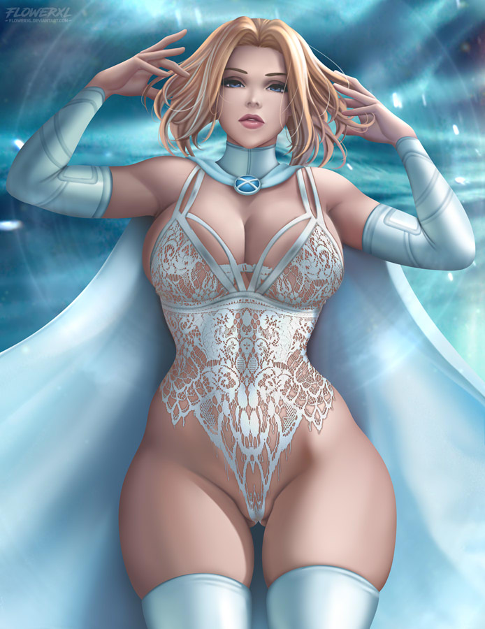 1girls big_breasts breasts cleavage emma_frost female female_only flowerxl full_cleavage large_breasts lingerie looking_at_viewer marvel marvel_comics solo teddy_(clothing) thick_thighs white_lingerie white_queen wide_hips x-men