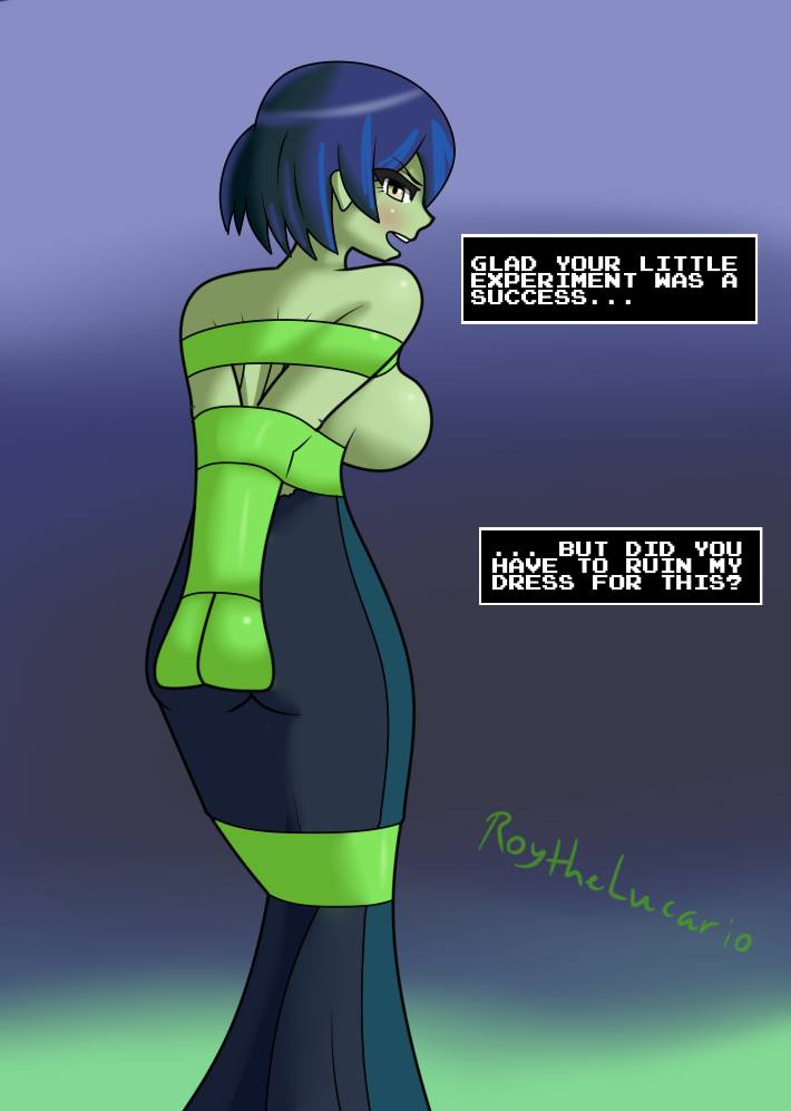 angry armbinder back_view bondage bound dark_blue_hair dress english_text exposed_breasts female female_only femsub green_skin mona_(shovel_knight) roythelucario shovel_knight sideboob slime_bondage text torn_clothes torn_dress