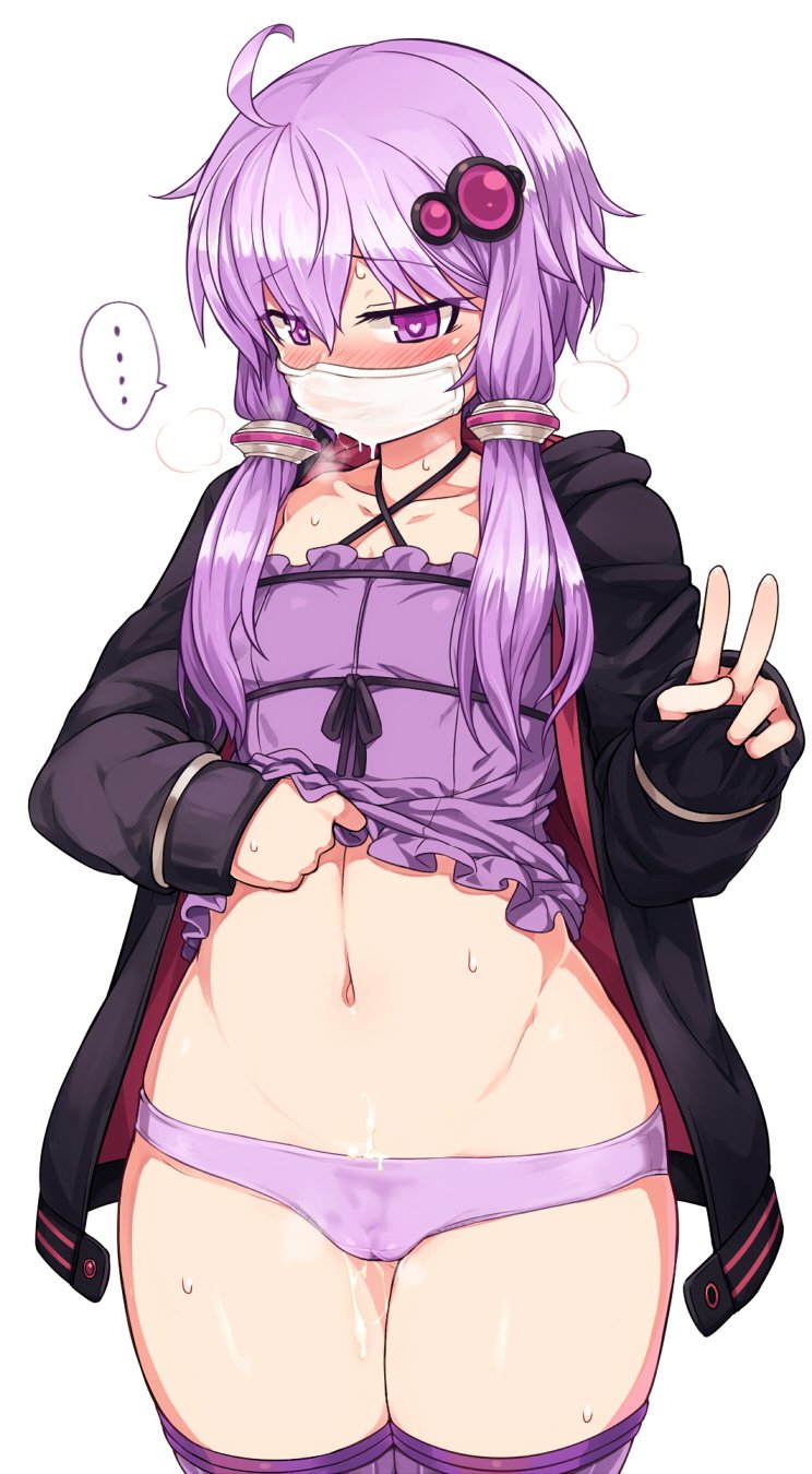 ... blush comic cum cum_in_clothes cum_on_body cum_on_lower_body cum_under_clothes cum_wearing dress dress_lift face_mask facemask female female_human heart heart-shaped_pupils highres human null_(nyanpyoun) panties purple_eyes purple_hair short_hair_with_long_locks surgical_mask symbol-shaped_pupils underwear v vagina vocaloid voiceroid yuzuki_yukari