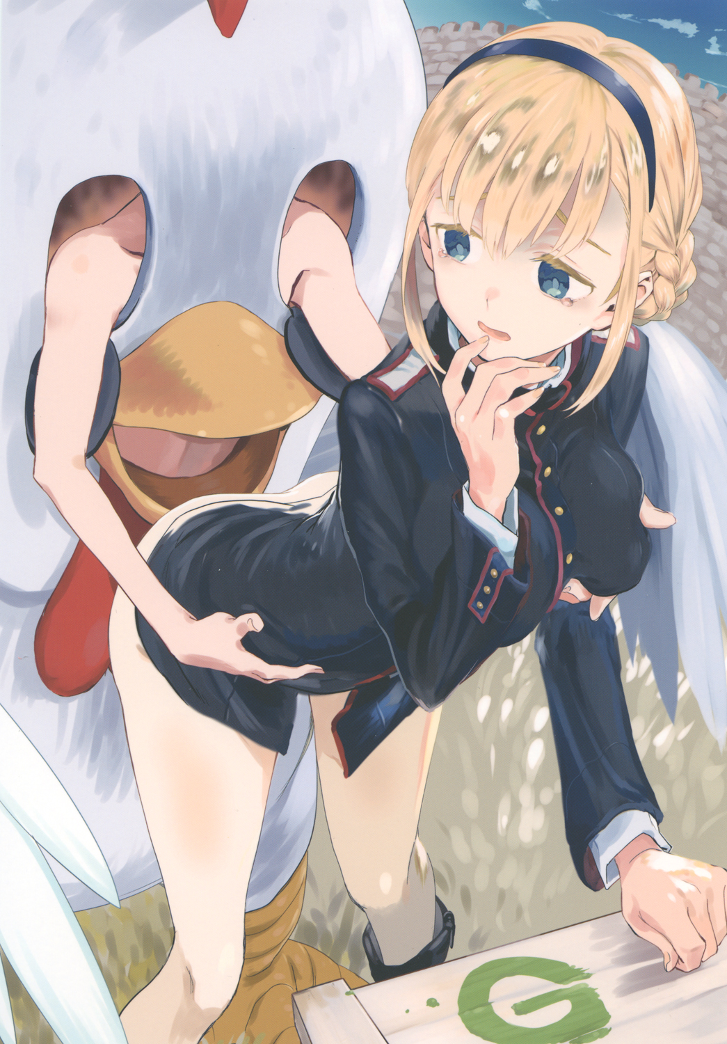 1boy ass blonde_hair blue_eyes blush bottomless breast_grab breasts clothed_sex clothing female grabbing hair_ornament hairband highres homaredai large_breasts looking_back military military_uniform no_panties open_mouth rosalie_de_hemricourt_de_grunne sex strike_witches tears uniform world_witches_series