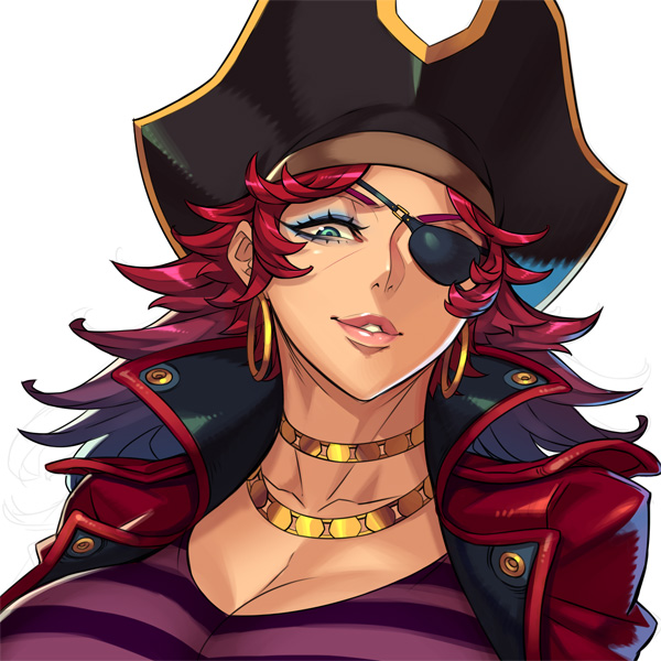 bal'rana, breasts, eyepatch, female, gold jewelry, hat, hoop earrings, legend of queen opala, pointy chin, sethxzoe, tagme