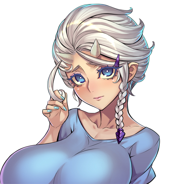1girls, blue eyes, breasts, clothed, elin (legend of queen opala), female, horns, huge breasts, legend of queen opala, sethxzoe, short hair, silver hair, simple background, source request, tight clothing
