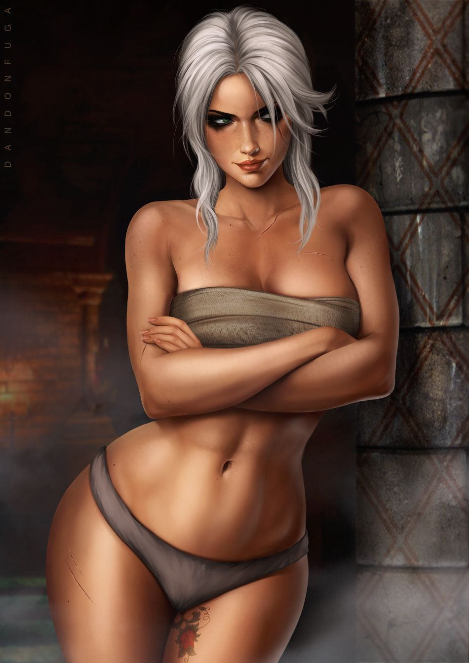1girls, 2018, abs, blue eyes, breasts, cd projekt red, ciri, cleavage, dandon fuga, eyeshadow, female, female only, freckles, green eyes, lipstick, naughty face, panties, pussy, scar, skinny, solo, the witcher (series), the witcher 3: wild hunt, tied hair, white hair