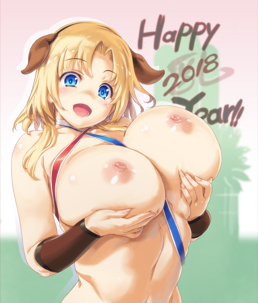 :d, animal ears, areolae, blonde hair, blue eyes, breasts, dog ears, female, highres, huge breasts, kiyama satoshi, long hair, looking at viewer, nipples, open mouth, original, smile, solo, teeth, upper body
