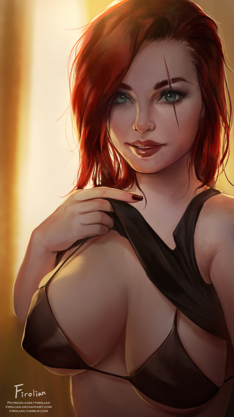 bra, breasts, cleavage, female, female only, firolian, katarina du couteau, league of legends, looking at viewer, red hair, selfie, shirt lift, solo