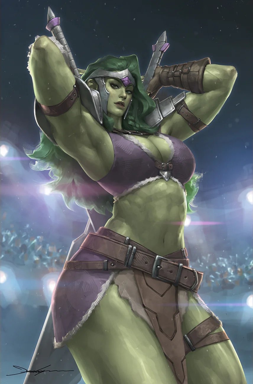 abs, armor, armored, athletic, athletic female, big breasts, breasts, cleavage, clothed, clothes, clothing, curvaceous, curvaceous body, curvaceous female, curvaceous figure, curvaceous hips, curvy, curvy body, curvy female, curvy figure, curvy hips, female, female focus, female only, gladiator, hulk (series), jee-hyung lee, jeehyung lee, jennifer walters, long hair, marvel, marvel comics, muscular, muscular biceps, muscular female, she-hulk, thick thighs, thighs, weapons