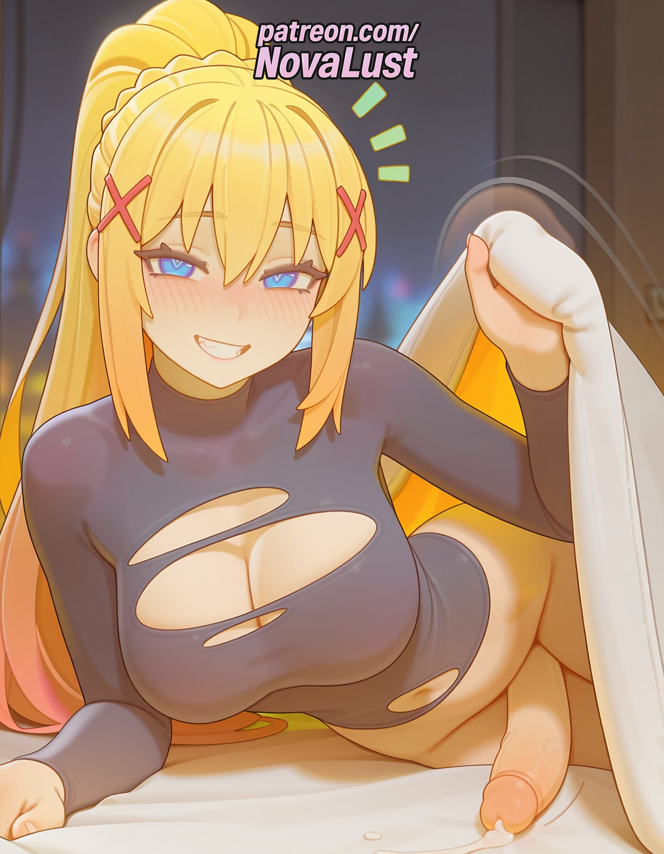 1futa, 2025, ai generated, artist name, balls, big breasts, big chest, blonde hair, blue eyes, blush, bodysuit, braid, breasts, bust, busty, chest, cleavage cutout, clothing cutout, cock, cum, darkness (konosuba), dick, erection, foreskin, futanari, hair ornament, heart, heart cutout, heart-shaped pupils, hi res, high quality, high resolution, highres, intersex, kono subarashii sekai ni shukufuku wo!, large breasts, long hair, lying, novalust, patreon, patreon username, penis, smile, stable diffusion, symbol-shaped pupils, testicles, torn bodysuit, torn clothes, uncensored, uncircumcised, watermark, x hair ornament