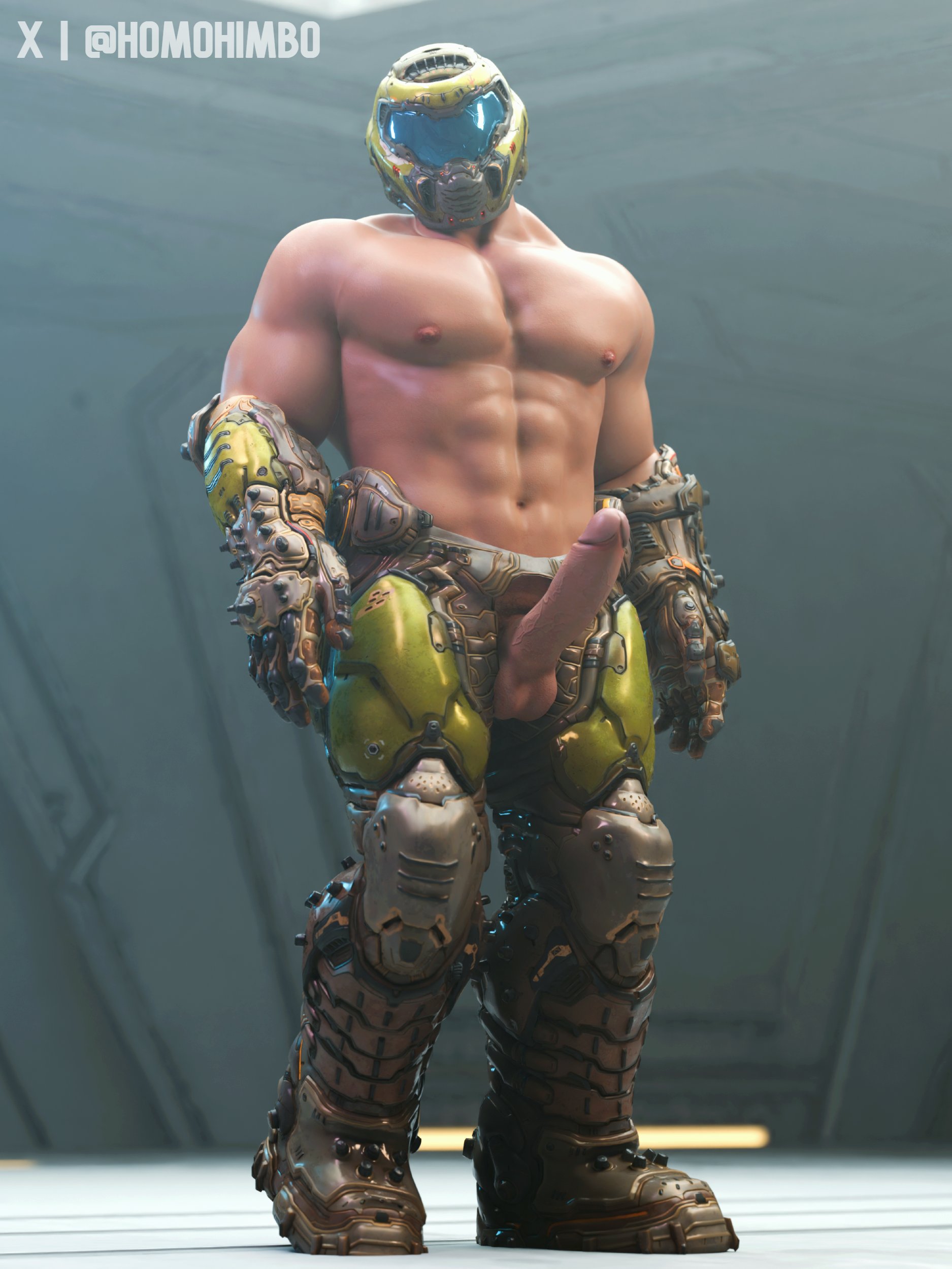 1boy, armor, balls, bara, big penis, doom, doom slayer (doom), homohimbo, light skin, light-skinned male, male, male focus, male only, masculine, mask, masked, masked male, muscular, muscular male, penis, solo, solo male