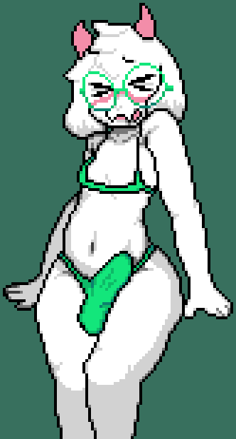 anthro, bikini, blush, bovid, bulge, caprine, clothing, darkner, deltarune, digital media (artwork), erection, femboy, goat, horn, katla (artist), male, mammal, pixel (artwork), ralsei, solo, swimwear, third-party edit, two-piece swimsuit, undertale (series), white body