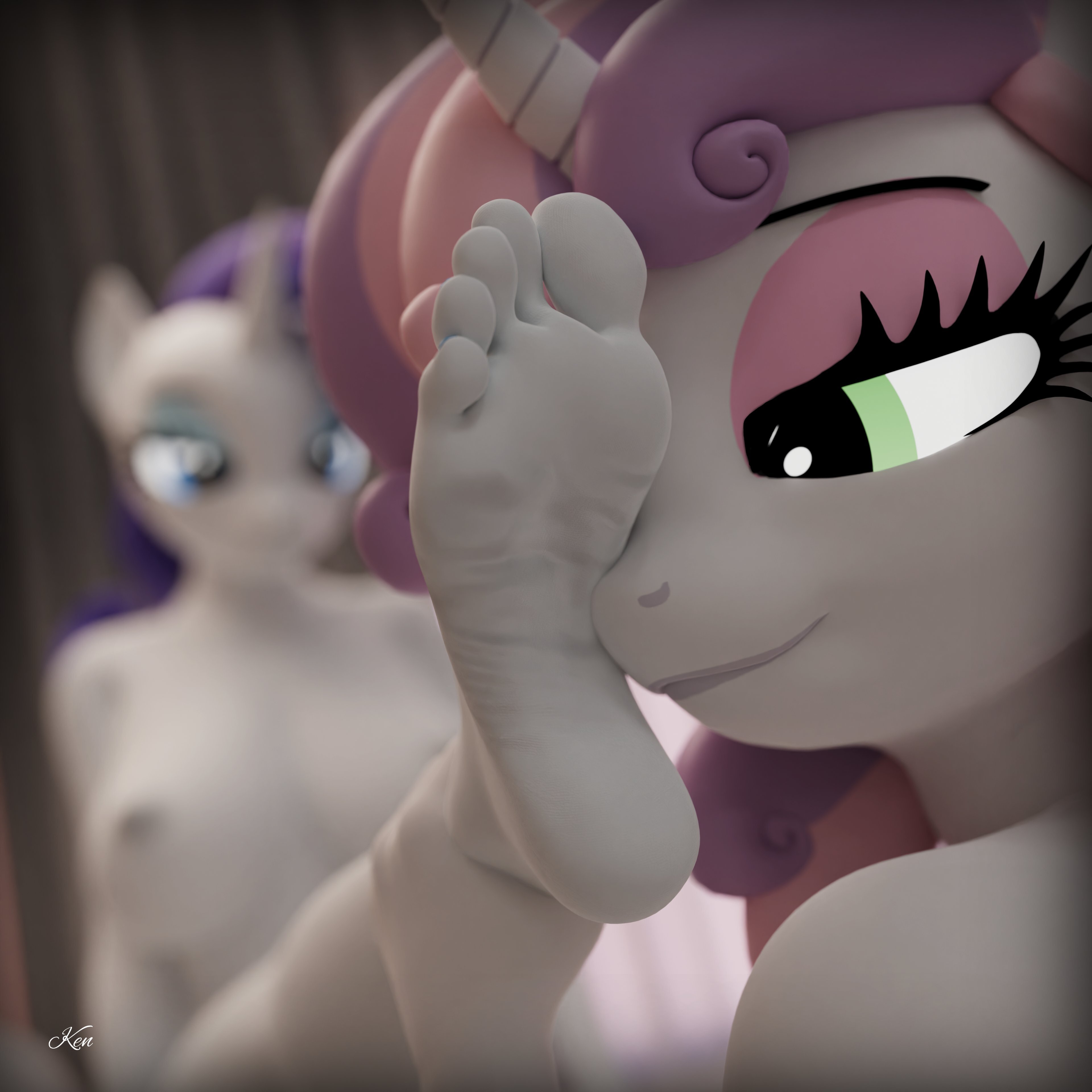 1:1, 3d, 5 toes, absurd res, aged up, anthro, areola, bedroom eyes, biped, breasts, close up, close up feet, close up view, close-up, close-up feet, closeup, closeup feet, closeup view, duo, equid, equine, feet, female, female/female, foot fetish, foot focus, foot on face, friendship is magic, hasbro, hi res, horn, humanoid feet, kenuwu, mammal, my little pony, mythological creature, mythological equine, mythology, narrowed eyes, nipples, nude, nude anthro, nude female, plantigrade, rarity (mlp), seductive, sibling, sister, sisters, smile, soles, sweetie belle (mlp), toes, unicorn