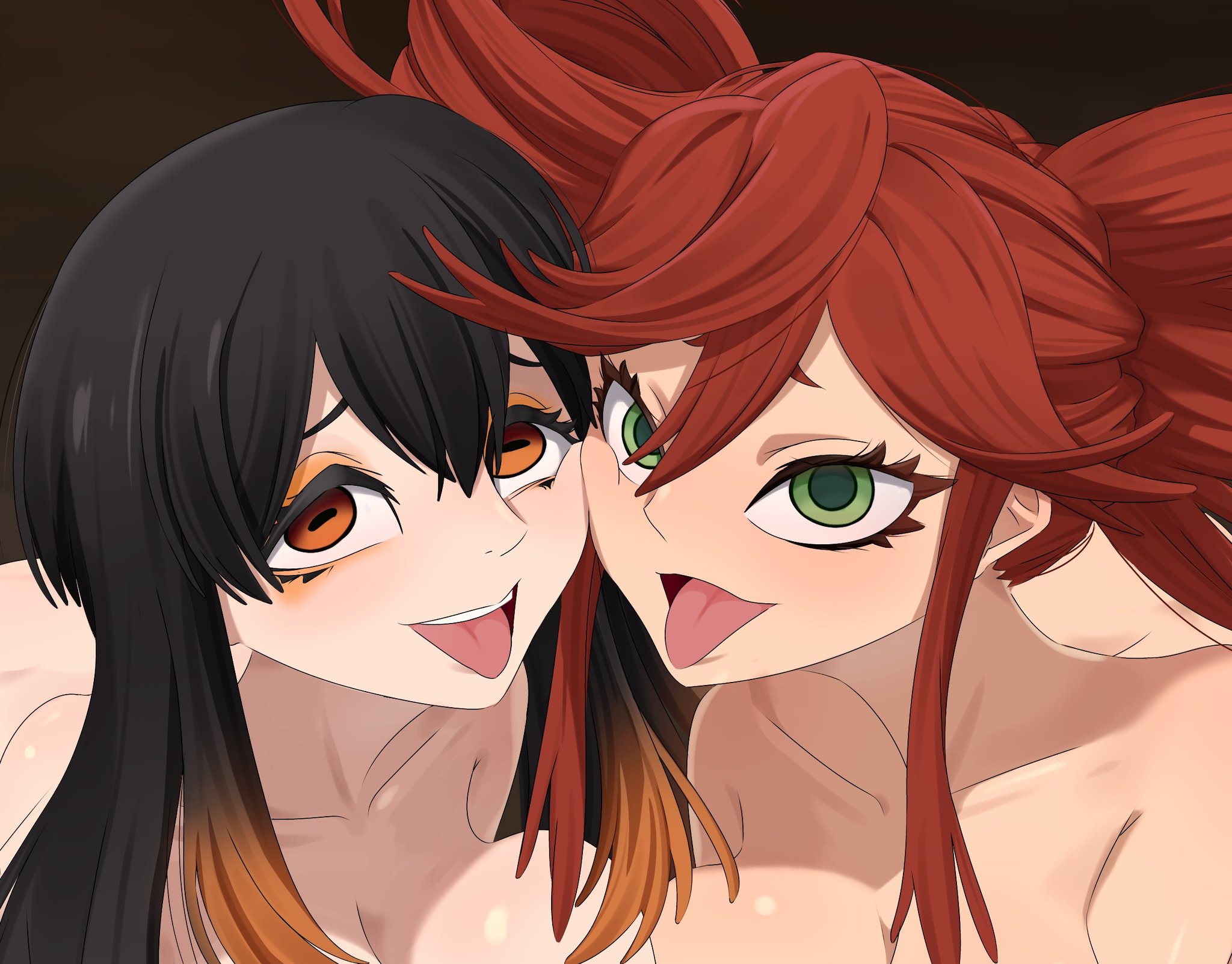 2girls, amo empool, big breasts, censored, gachiakuta, looking at viewer, nude, riyou reaper, solo female, tongue out