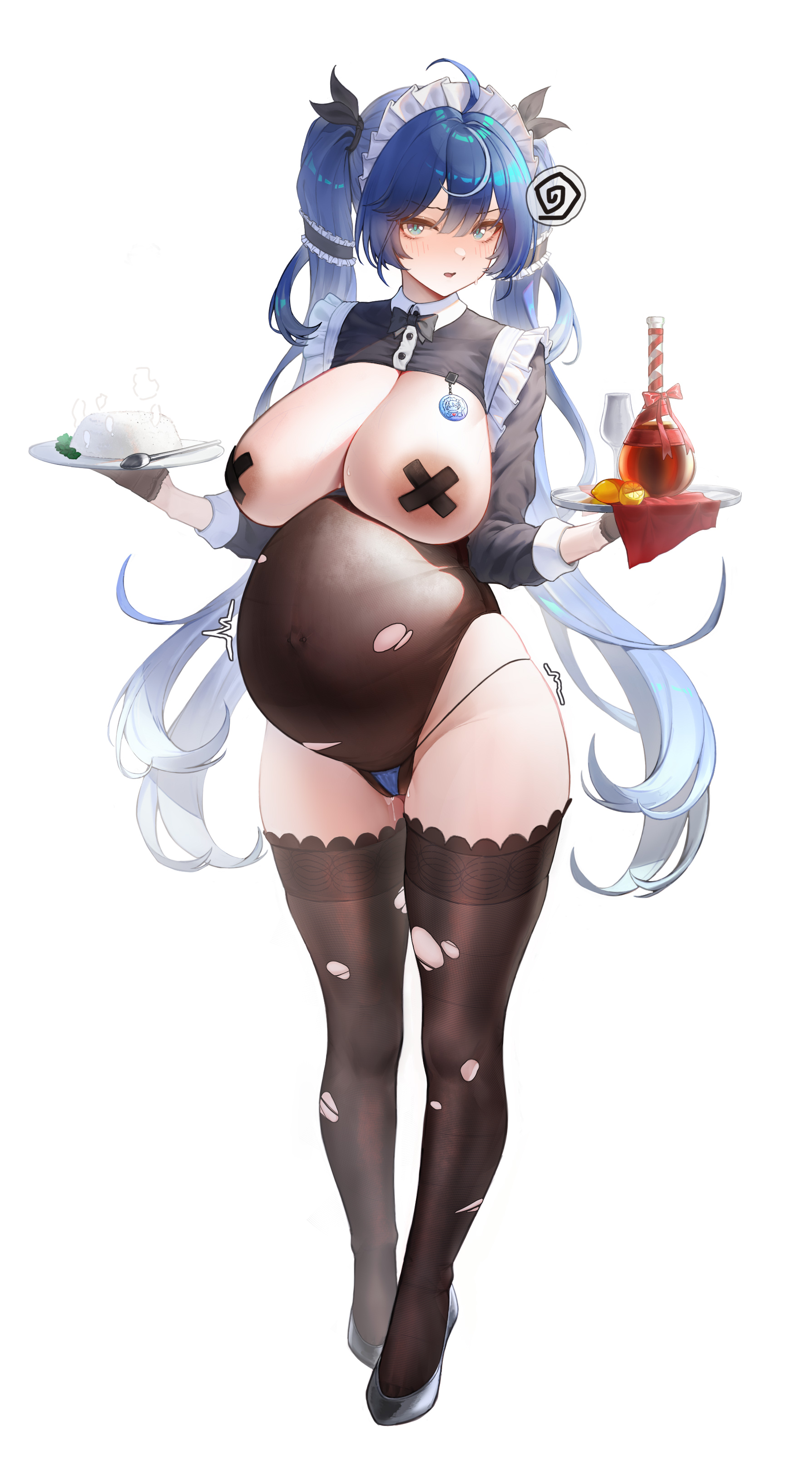 areola slip, big breasts, bikini bottom, black legwear, black thighhighs, blue eyes, blue hair, blush, breasts out, embarrassed, female, female only, huge breasts, iuno (wuthering waves), lace-trimmed thighhighs, leotard, long hair, looking at viewer, maid, maid headdress, maid uniform, nylons, pasties, pregnant, pussy juice, sesefadou0v0, solo, thick thighs, thighhighs, torn clothes, torn legwear, tray, twintails, veiny breasts, very long hair, wide hips, wuthering waves, x pasties