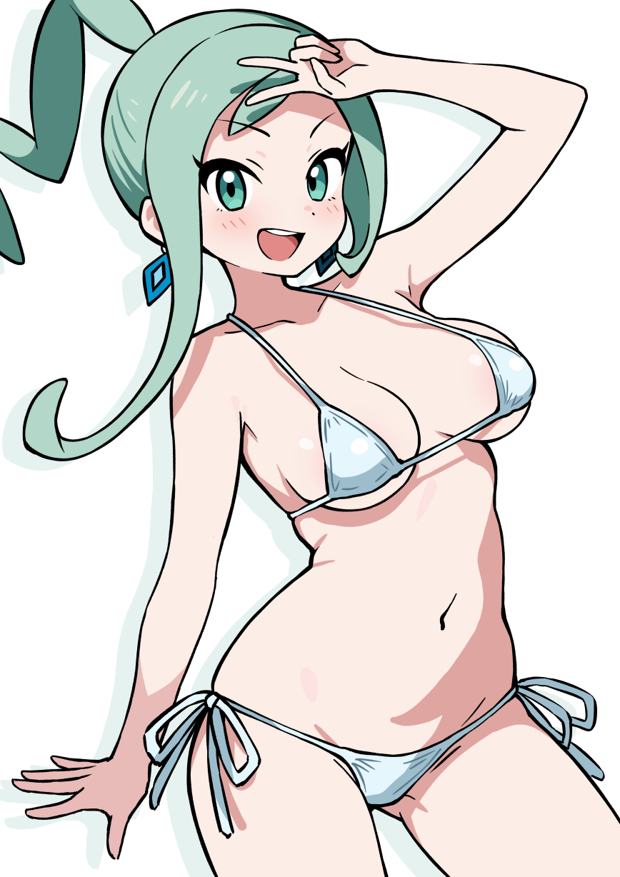 :d, alternate costume, arm up, asymmetrical sidelocks, bikini, breasts, commentary request, cowboy shot, earrings, ecgg (tsuji418477), eyelashes, female, green eyes, happy, highres, jewelry, light blush, lisia (pokemon), navel, nintendo, open mouth, pokemon, pokemon oras, ponytail, side-tie bikini bottom, sidelocks, smile, solo, swimsuit, teeth, upper teeth only, v
