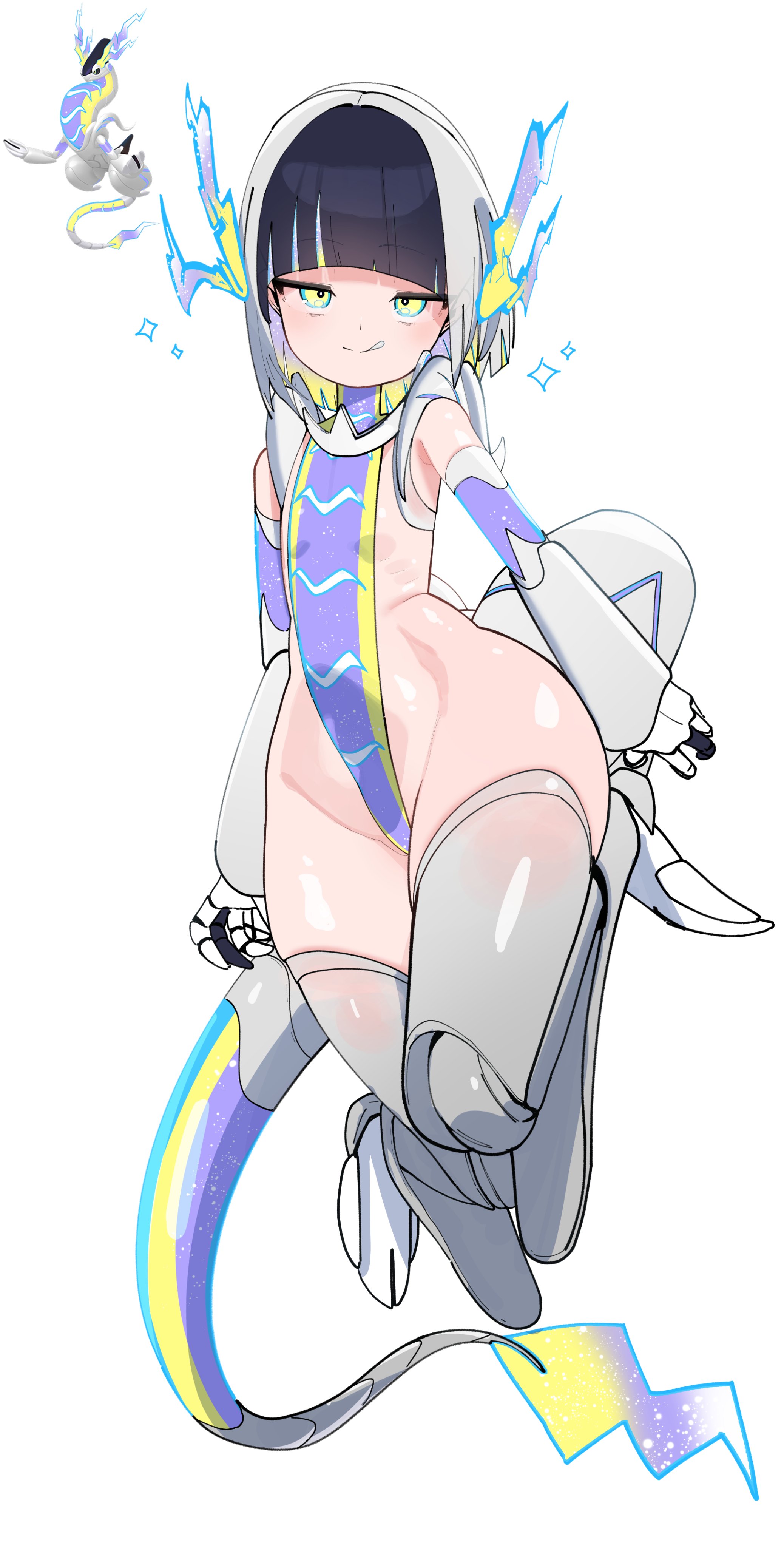 black hair, blunt bangs, bottom heavy, cosplay, curvy, flat chest, gigantic ass, hyper hips, licking lips, looking at viewer, medium hair, miraidon, miraidon (cosplay), multicolored hair, pokemon, pokemon (species), reference image, ribs, shiny pokemon, smile, thick hips, thick thighs, voluptuous, white hair, white tongue, wide hips
