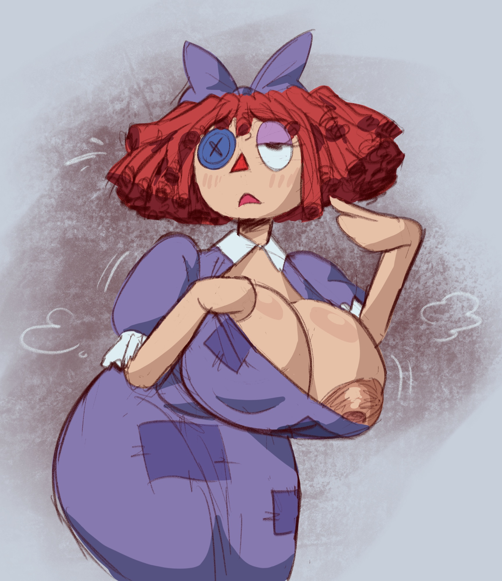 1girls, big breasts, breasts, female, glitch productions, hot, nipple slip, ragatha (the amazing digital circus), sweat, the amazing digital circus, thehoeartist