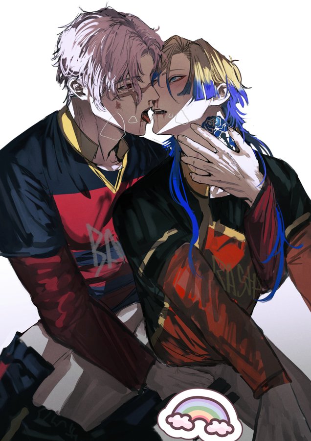 2boys, bleeding from mouth, bleeding nose, blood in mouth, blood on face, blue lock, blush, blush lines, breath, breath cloud, bunny iglesias, censored, censored genitalia, censored penis, color, colored, dominant male, embarrassed, eyes rolling back, from behind, gay, gay domination, gay male, gay sex, kaiser michael, kissing, kissing while penetrated, makeout, making out, male, male only, michael kaiser, penetration, penis, rough sex, sfw version, soccer jersey, soccer player, soccer uniform, submissive male, sweat, touching penis, yaoi