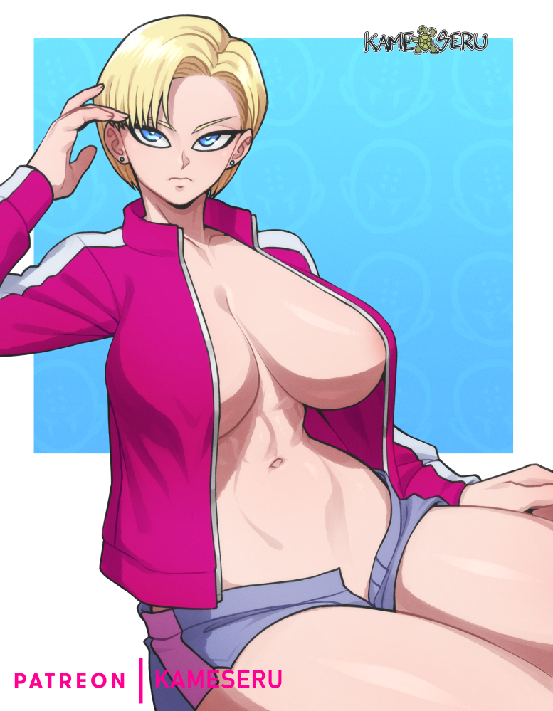 android 18, artist name, blonde hair, blue eyes, breasts, dragon ball, dragon ball super, dragon ball super super hero, earrings, female, huge breasts, jacket, jewelry, kameseru, mature female, navel, open clothes, open shorts, pink jacket, short hair, short shorts, shorts, solo, thick thighs, thighs