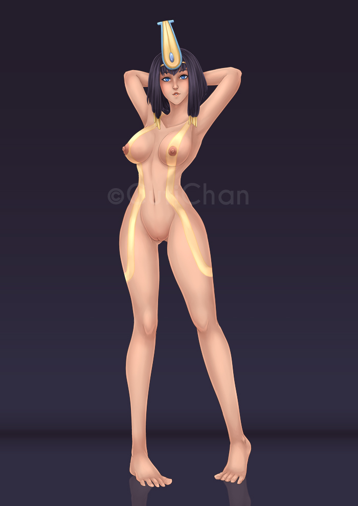 black hair, bob cut, breasts, cuti-chan, egyptian, female, neith (smite), nipples, notcuti, nude, pinup, pussy, smite, standing
